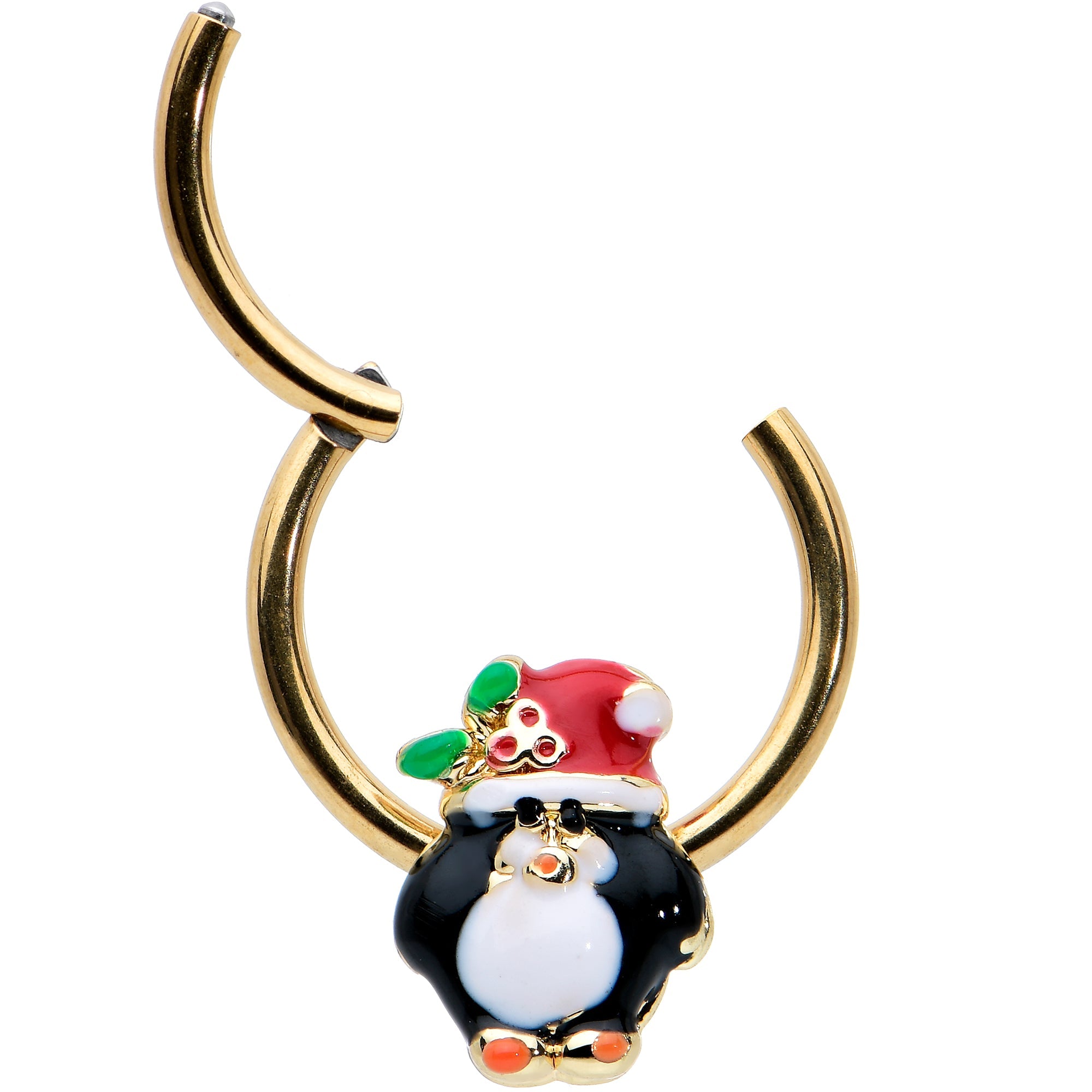 BodyCandy 16G 3/8 Gold Tone Holly Hat Penguin Holiday Hinged Segment Ring — detail close-up