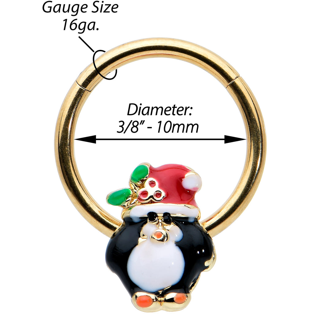 BodyCandy 16G 3/8 Gold Tone Holly Hat Penguin Holiday Hinged Segment Ring — side view