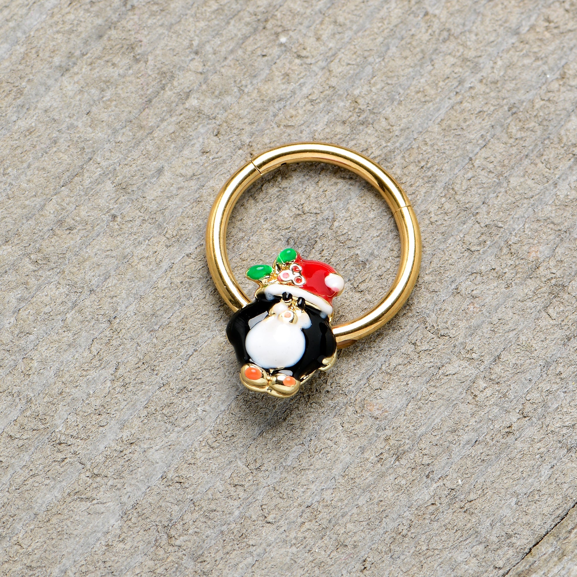 BodyCandy 16G 3/8 Gold Tone Holly Hat Penguin Holiday Hinged Segment Ring — back view