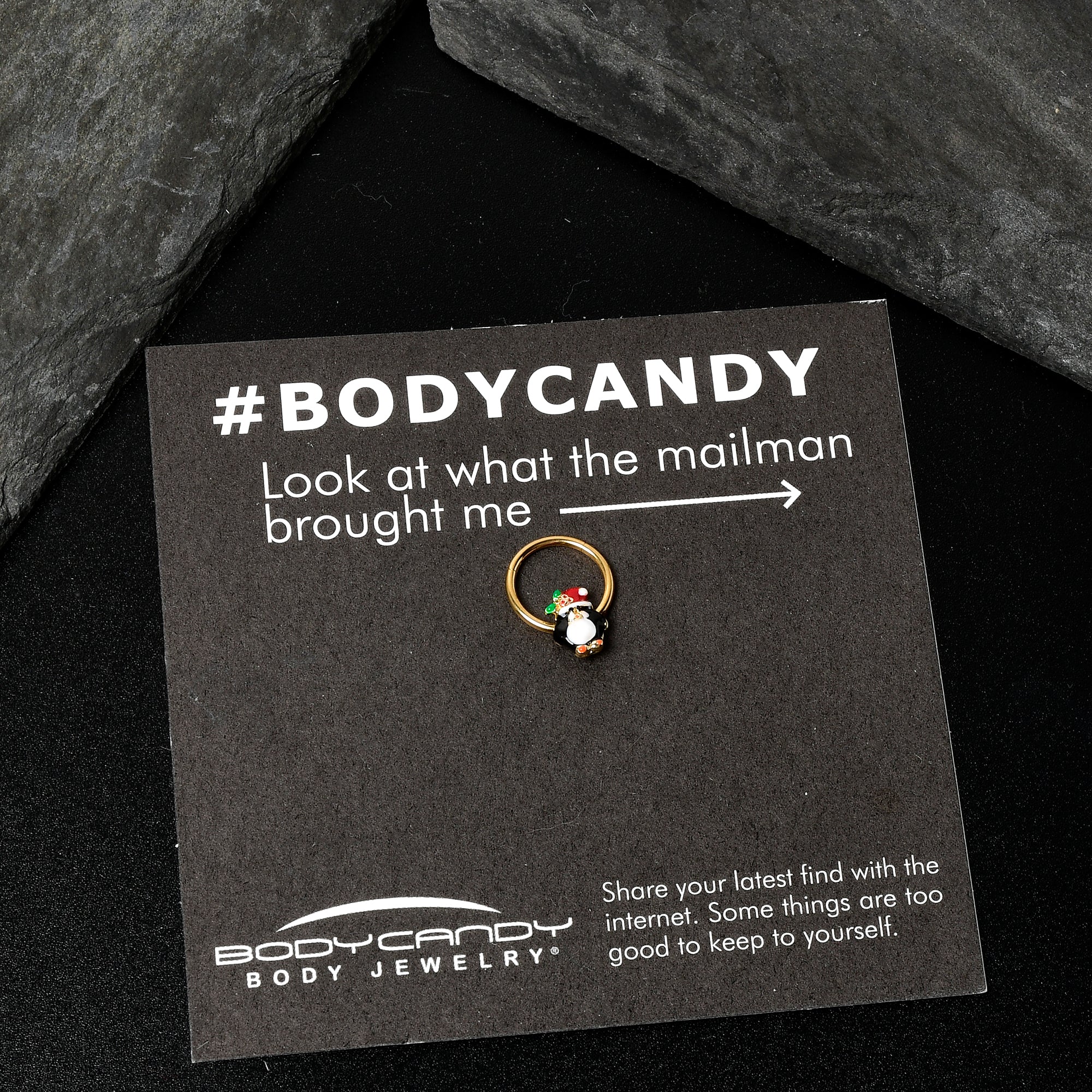 BodyCandy 16G 3/8 Gold Tone Holly Hat Penguin Holiday Hinged Segment Ring — alternative angle