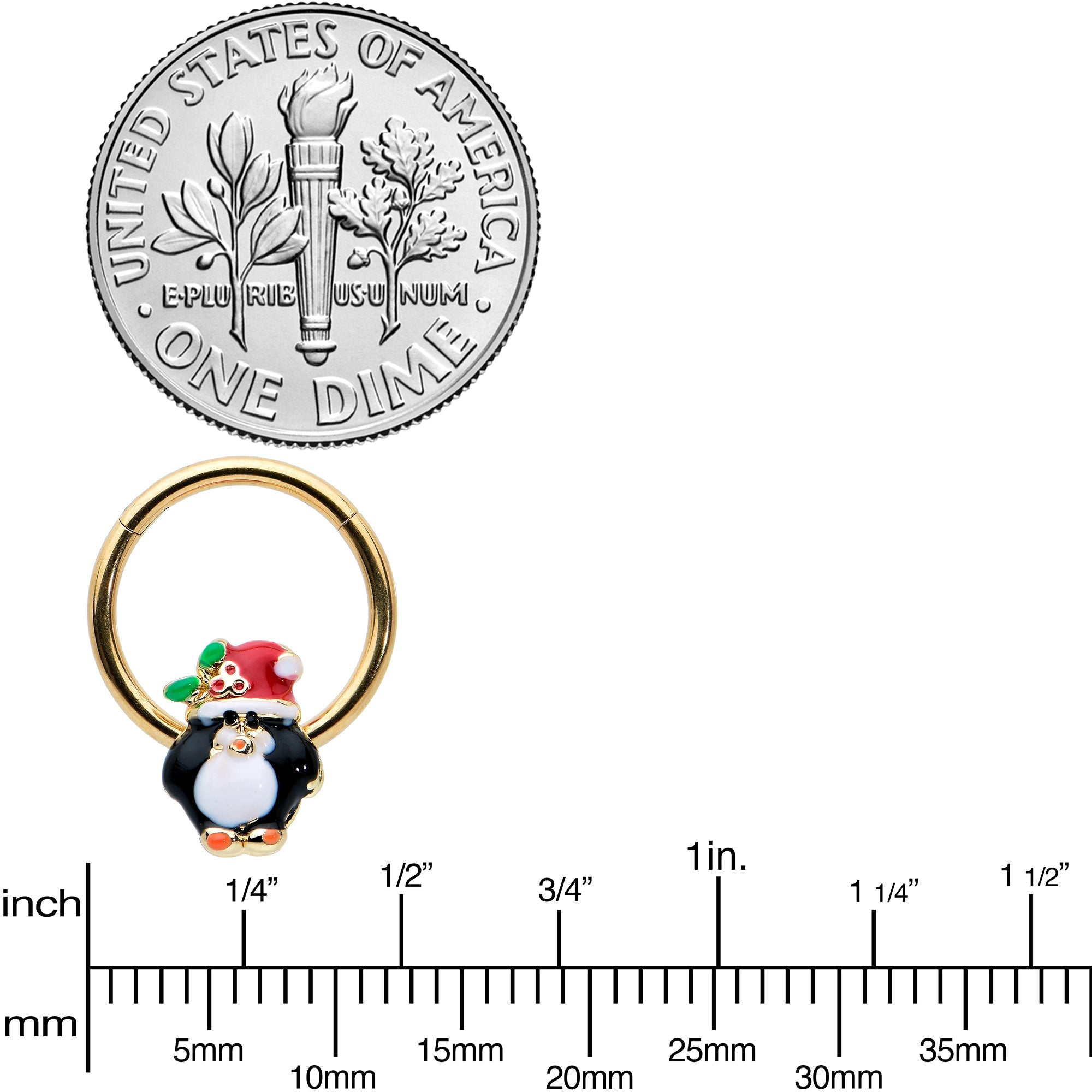 BodyCandy 16G 3/8 Gold Tone Holly Hat Penguin Holiday Hinged Segment Ring — size reference