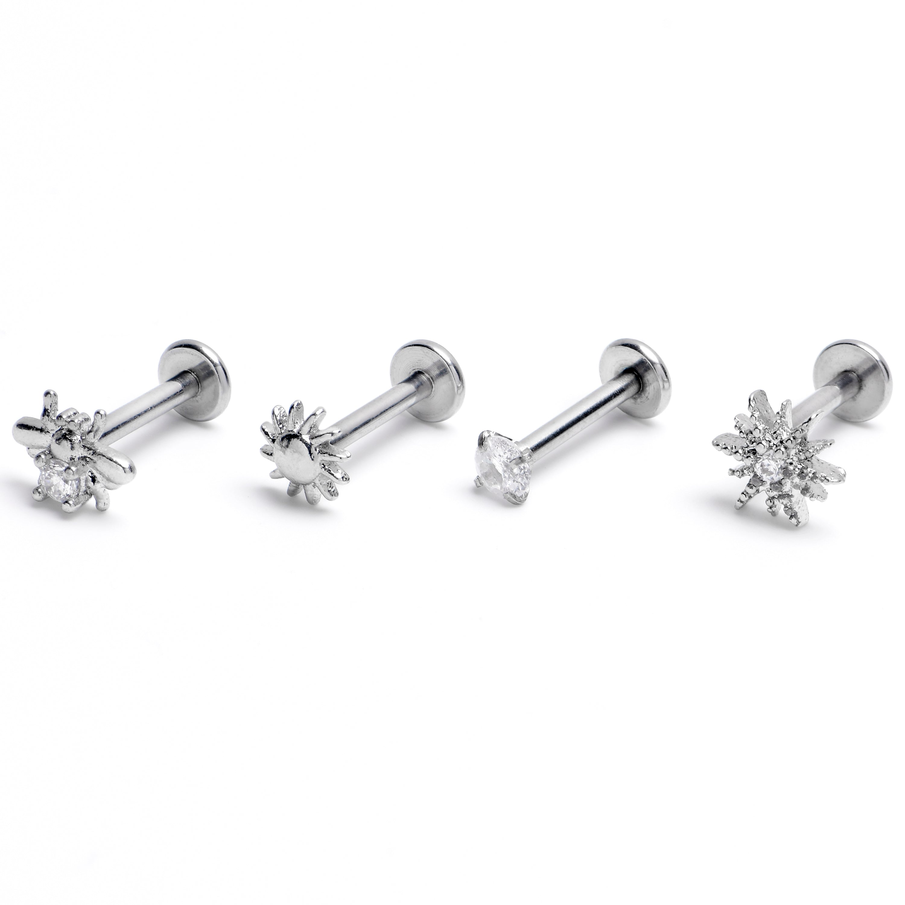 BodyCandy 16G 5/16 Clear Gem Insect Sun Labret Monroe Tragus Set of 4 — main product shot