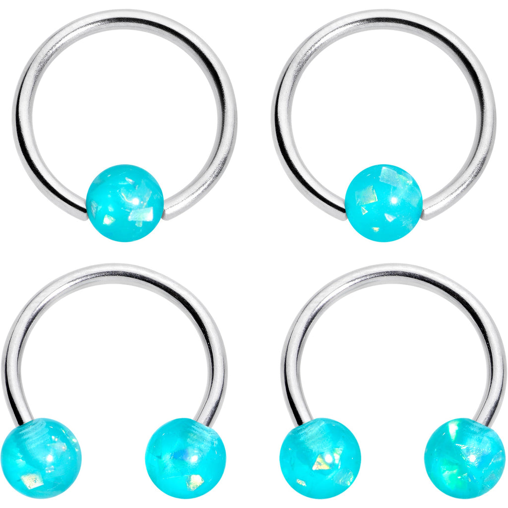 BodyCandy 16G 3/8 Teal Faux Opal Horseshoe BCR Captive Ring Set of 4 — main product shot