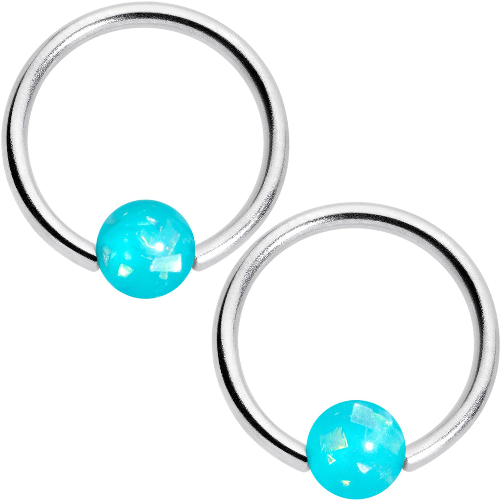BodyCandy 16G 3/8 Teal Faux Opal Horseshoe BCR Captive Ring Set of 4 — detail close-up