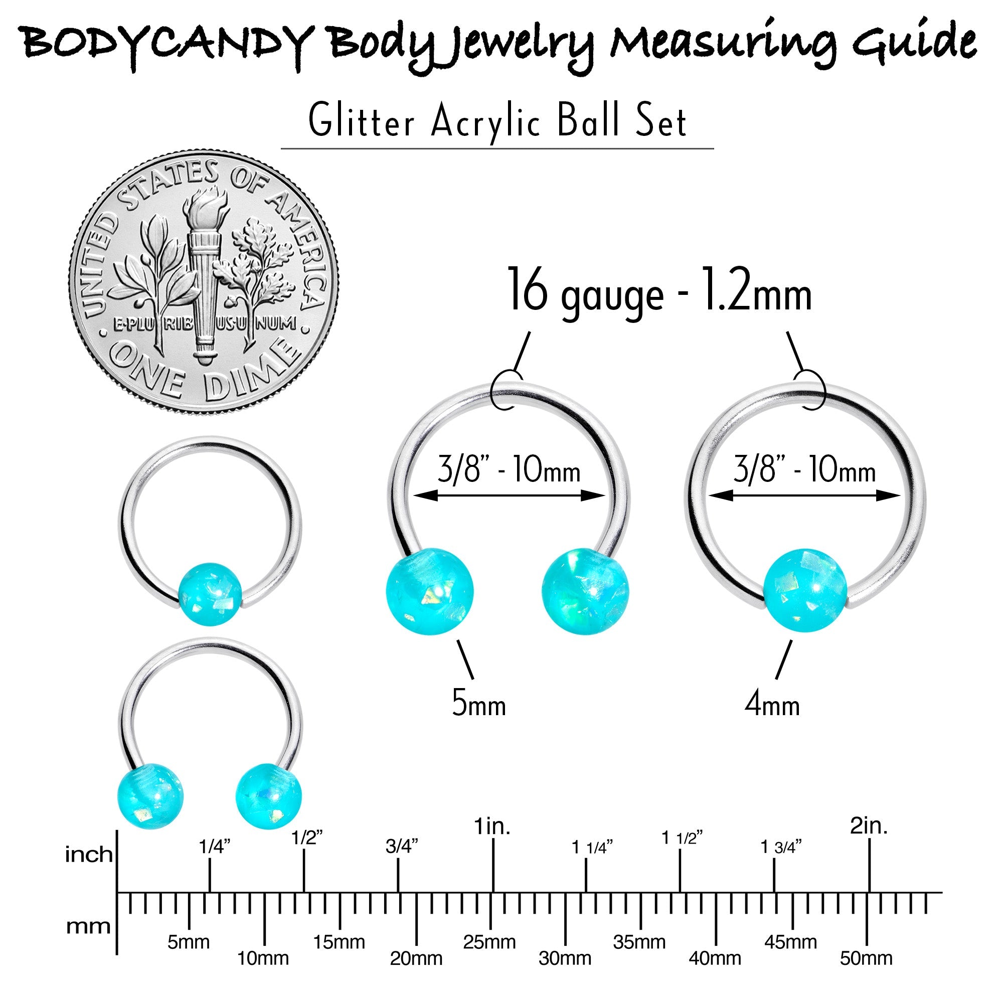 BodyCandy 16G 3/8 Teal Faux Opal Horseshoe BCR Captive Ring Set of 4 — side view