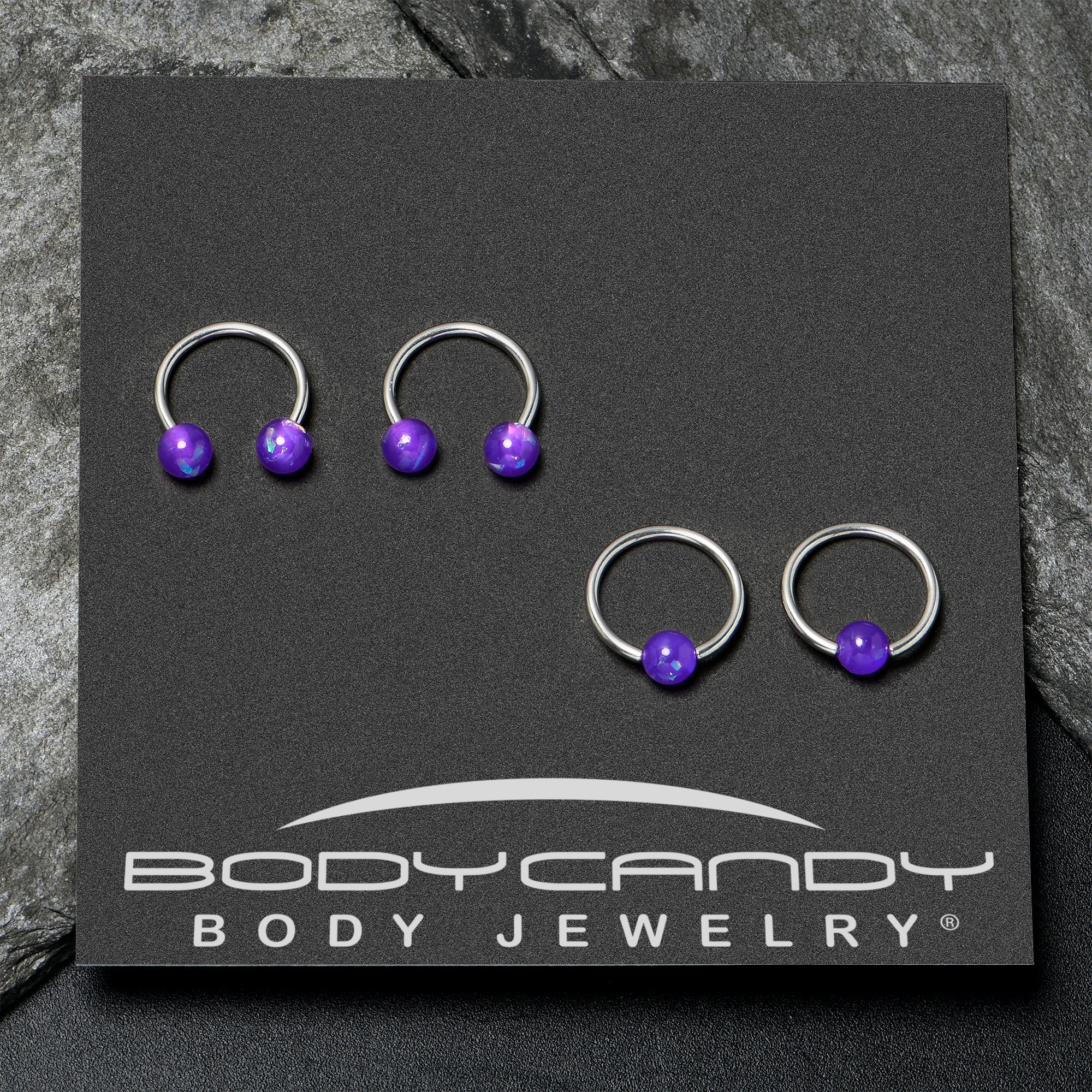 BodyCandy 16G 3/8 Purple Faux Opal Horseshoe BCR Captive Ring Set of 4 — alternative angle