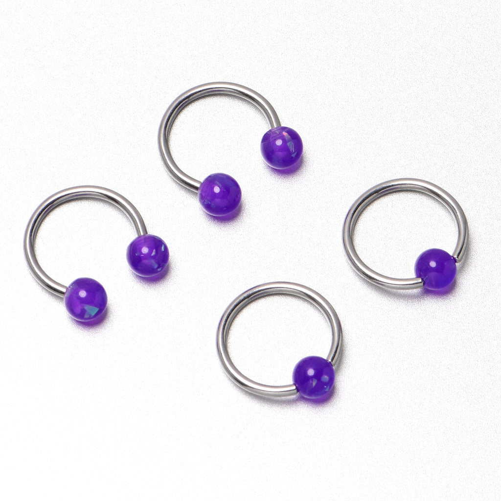 BodyCandy 16G 3/8 Purple Faux Opal Horseshoe BCR Captive Ring Set of 4 — in-use photo