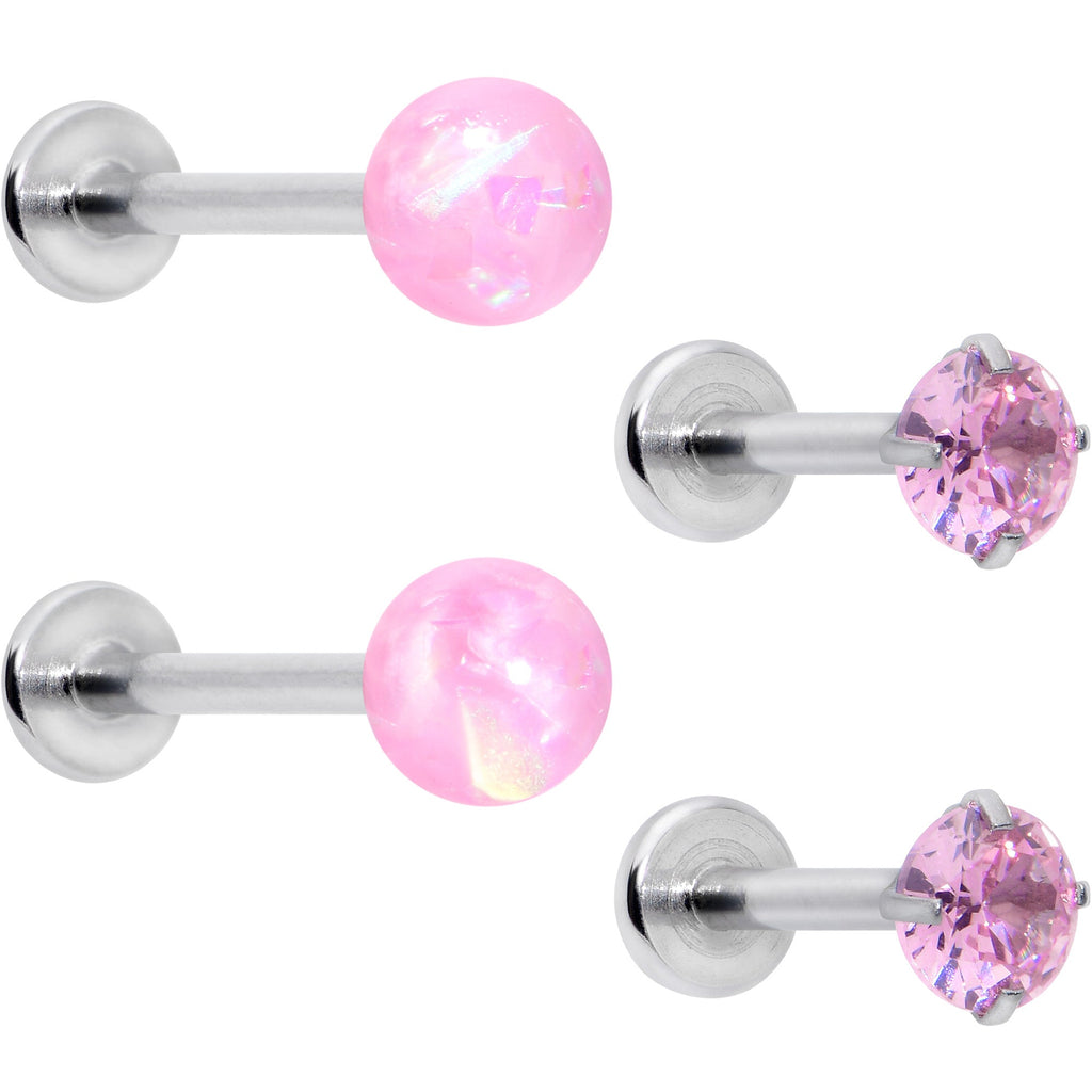 BodyCandy 16G 5/16 3/8 Pink Gem Faux Opal Labret Monroe Tragus Set of 4 — main product shot