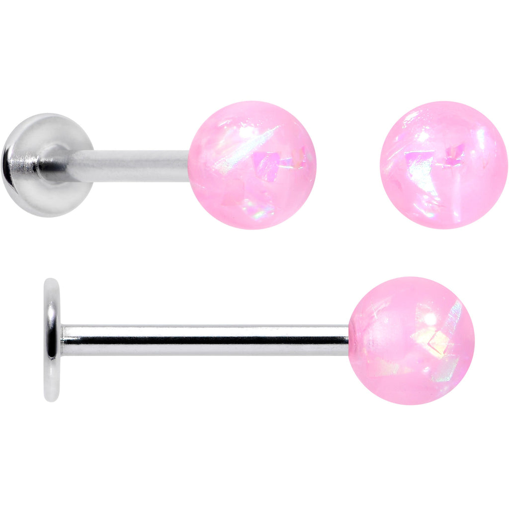BodyCandy 16G 5/16 3/8 Pink Gem Faux Opal Labret Monroe Tragus Set of 4 — detail close-up