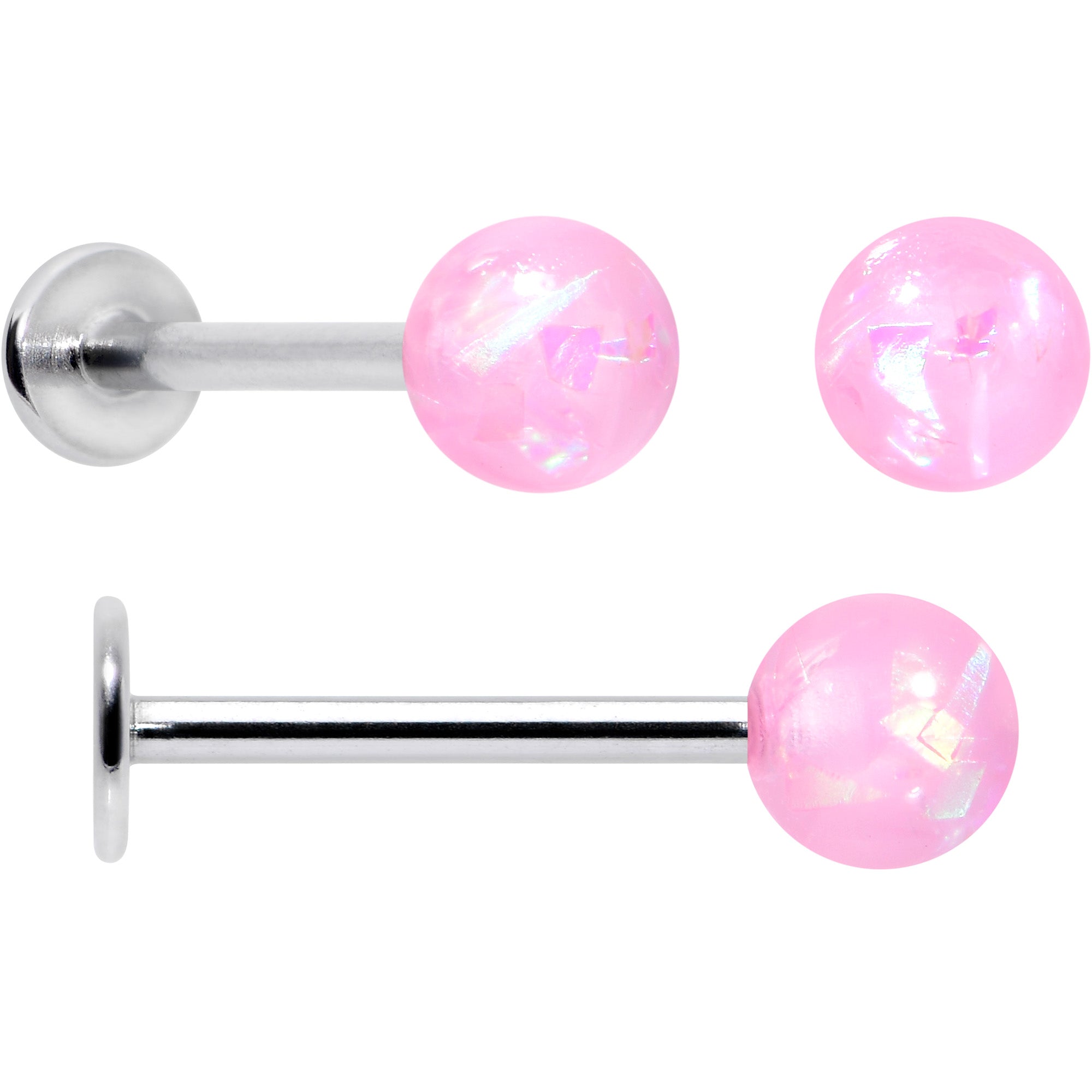 BodyCandy 16G 5/16 3/8 Pink Gem Faux Opal Labret Monroe Tragus Set of 4 — detail close-up