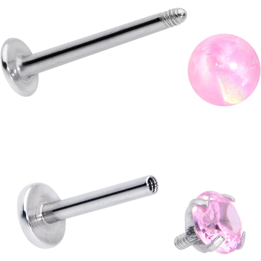 BodyCandy 16G 5/16 3/8 Pink Gem Faux Opal Labret Monroe Tragus Set of 4 — side view