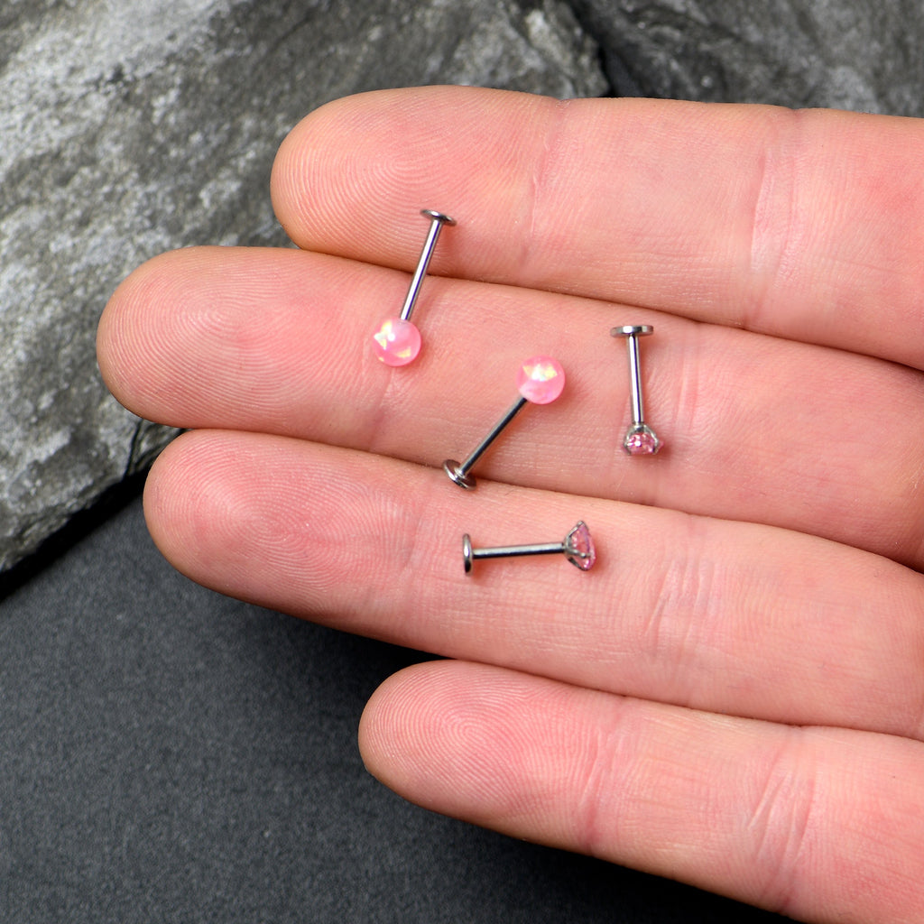 BodyCandy 16G 5/16 3/8 Pink Gem Faux Opal Labret Monroe Tragus Set of 4 — back view
