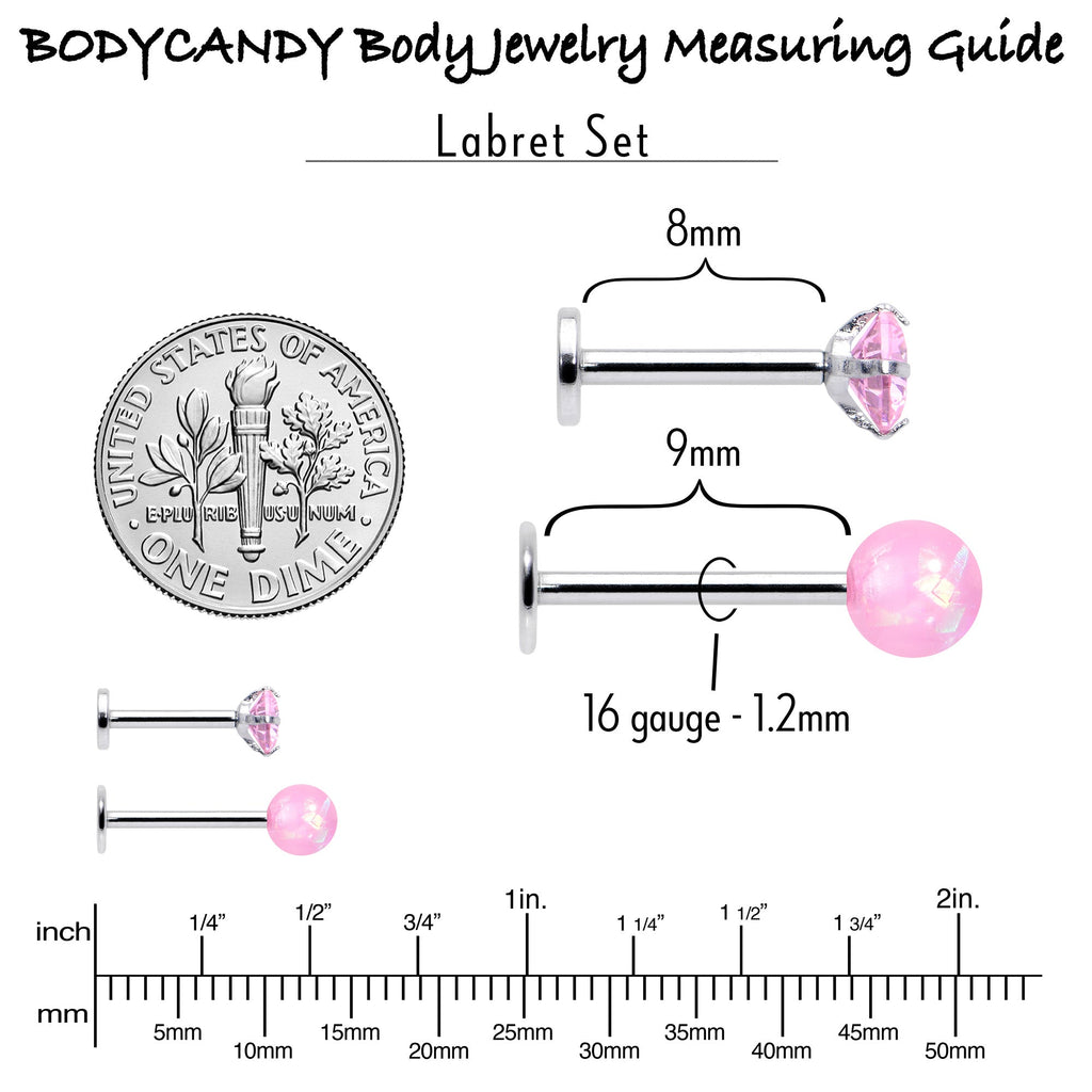 BodyCandy 16G 5/16 3/8 Pink Gem Faux Opal Labret Monroe Tragus Set of 4 — alternative angle