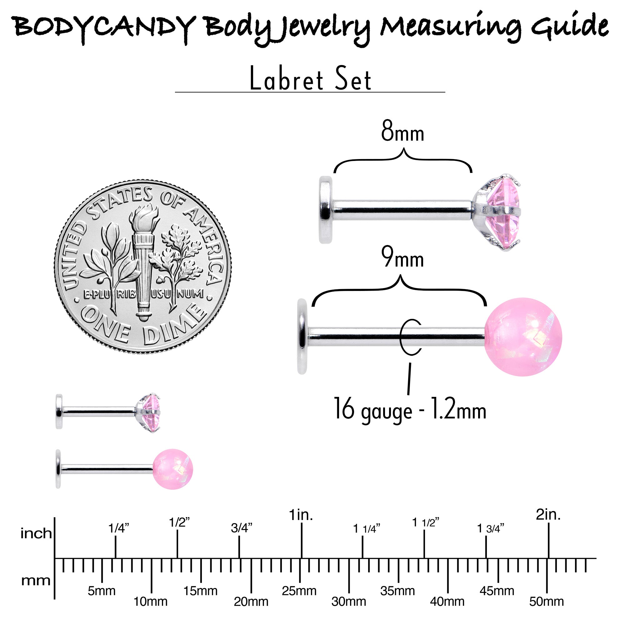 BodyCandy 16G 5/16 3/8 Pink Gem Faux Opal Labret Monroe Tragus Set of 4 — alternative angle