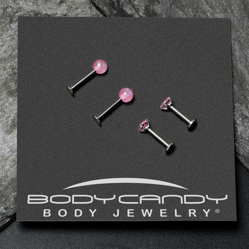 BodyCandy 16G 5/16 3/8 Pink Gem Faux Opal Labret Monroe Tragus Set of 4 — in-use photo