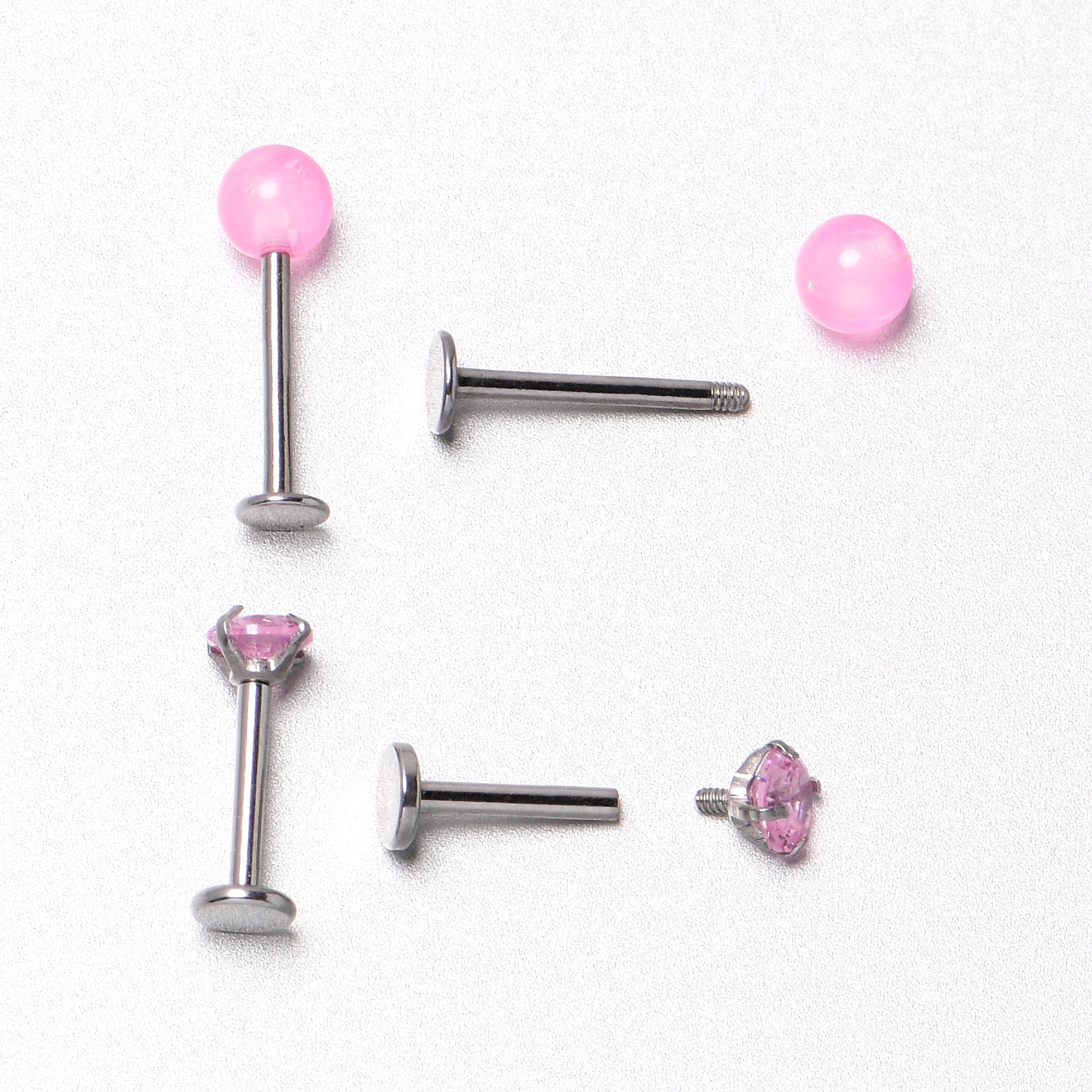 BodyCandy 16G 5/16 3/8 Pink Gem Faux Opal Labret Monroe Tragus Set of 4 — size reference