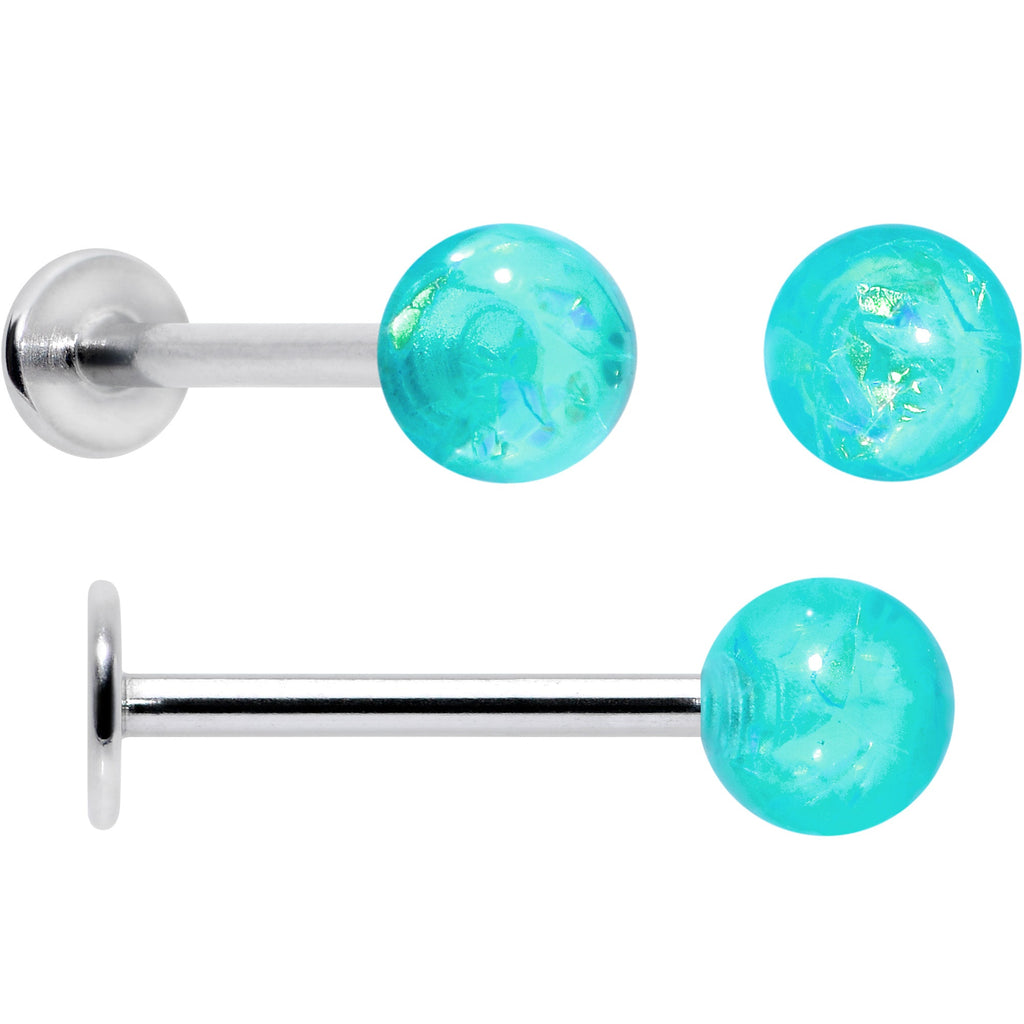 BodyCandy 16G 5/16 3/8 Aurora Gem Green Faux Opal Labret Monroe Set of 4 — detail close-up