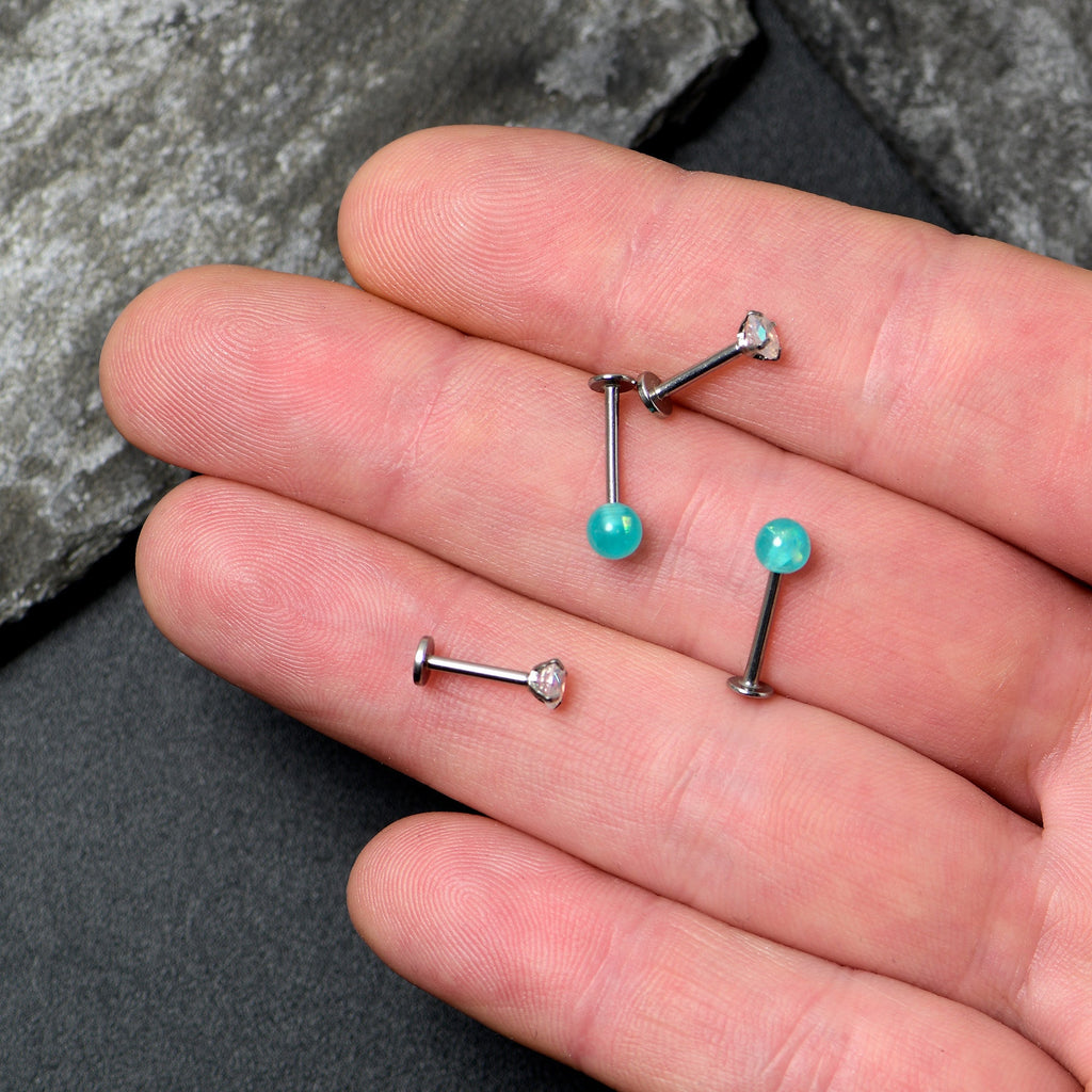 BodyCandy 16G 5/16 3/8 Aurora Gem Green Faux Opal Labret Monroe Set of 4 — back view