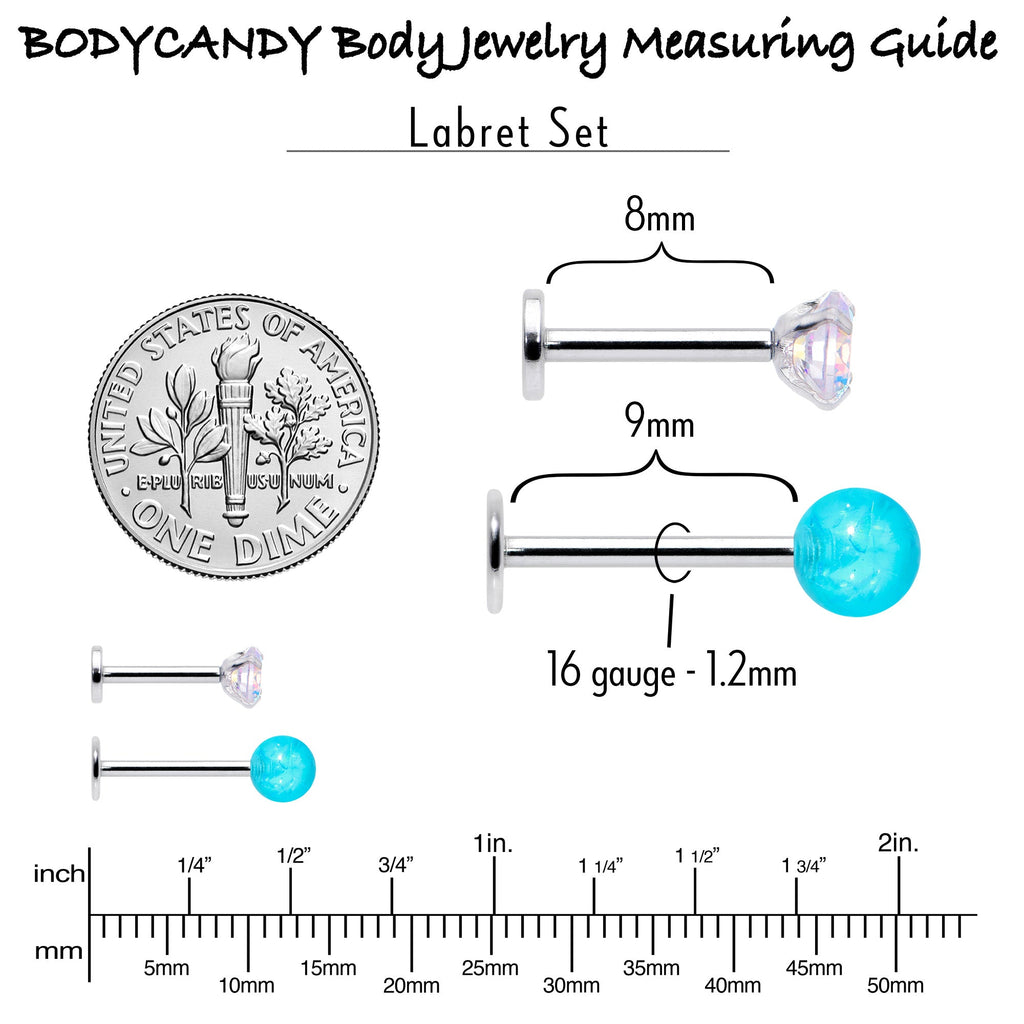 BodyCandy 16G 5/16 3/8 Aurora Gem Green Faux Opal Labret Monroe Set of 4 — alternative angle