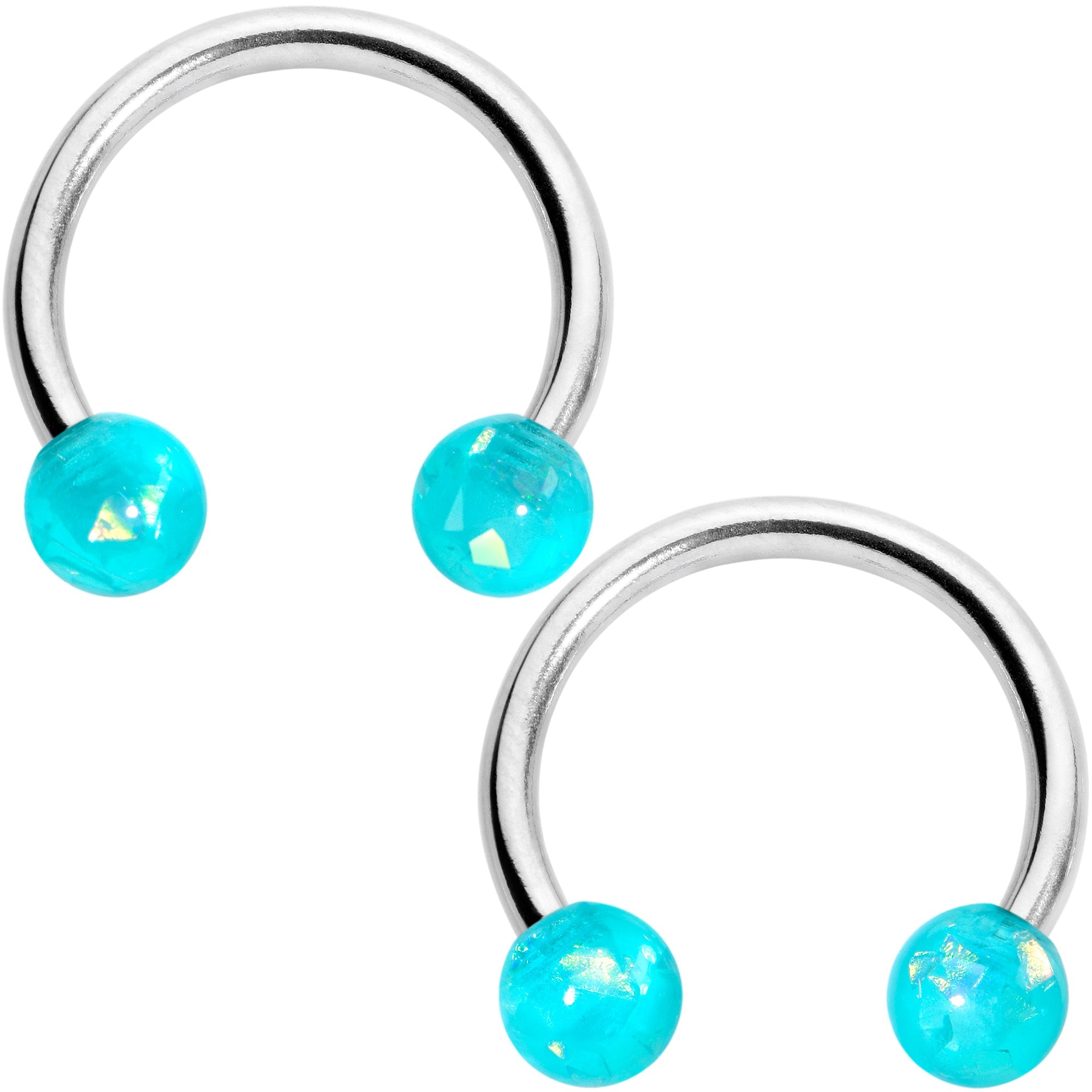 BodyCandy 14G 9/16 Green Faux Opal Horseshoe Barbell Nipple Ring Set of 4 — detail close-up