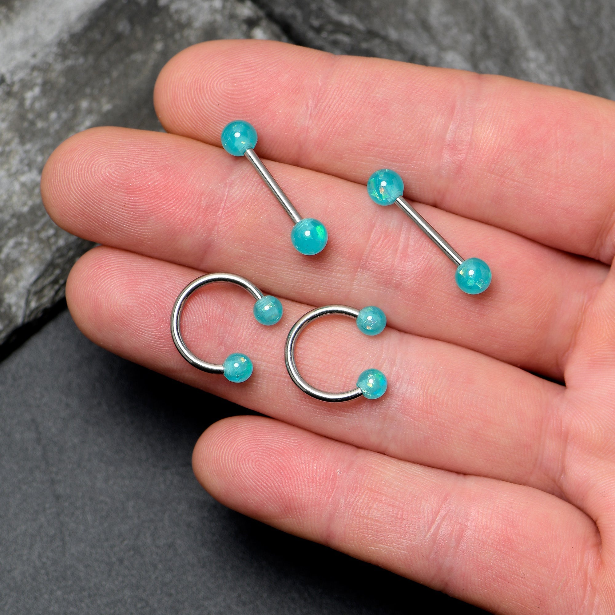 BodyCandy 14G 9/16 Green Faux Opal Horseshoe Barbell Nipple Ring Set of 4 — side view