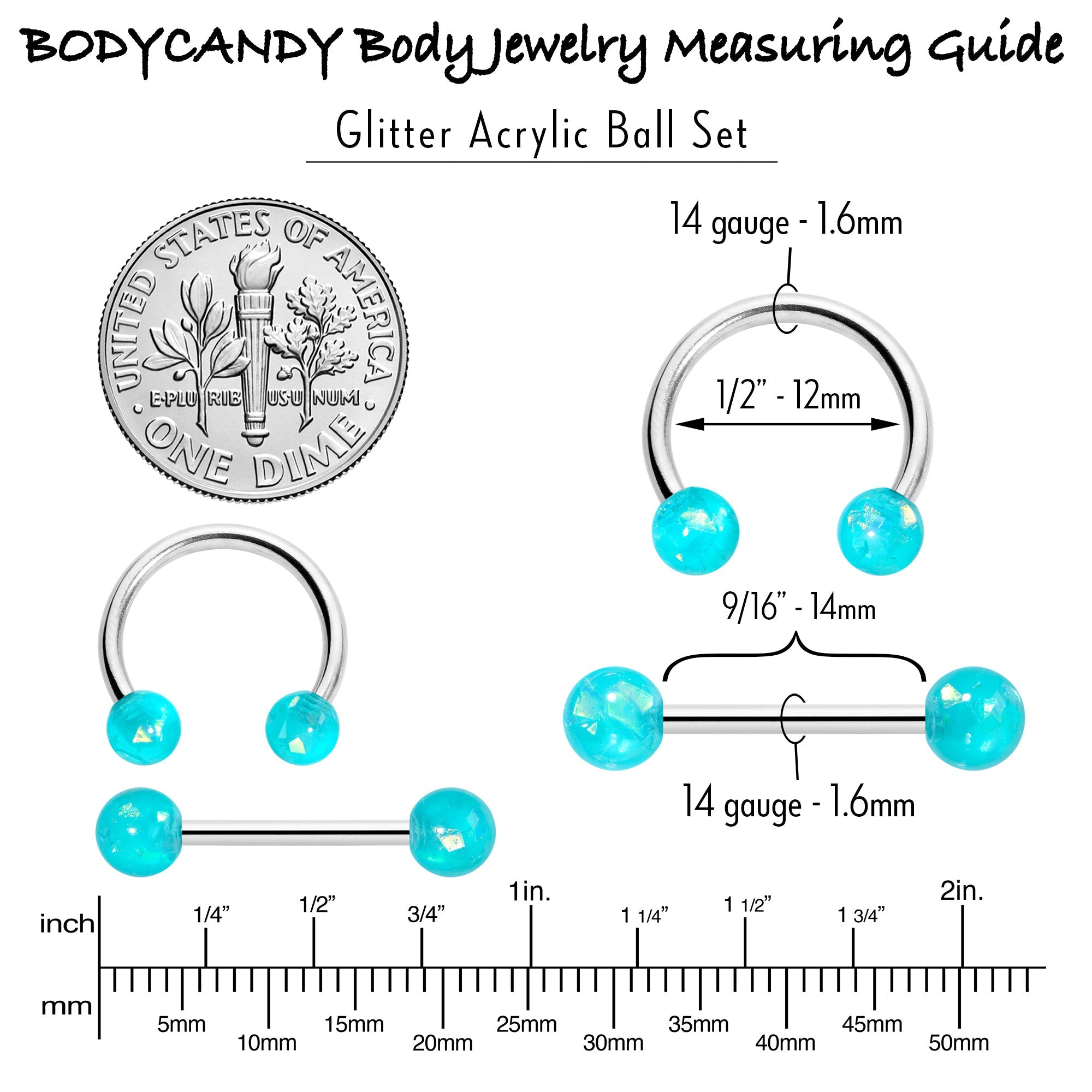 BodyCandy 14G 9/16 Green Faux Opal Horseshoe Barbell Nipple Ring Set of 4 — back view