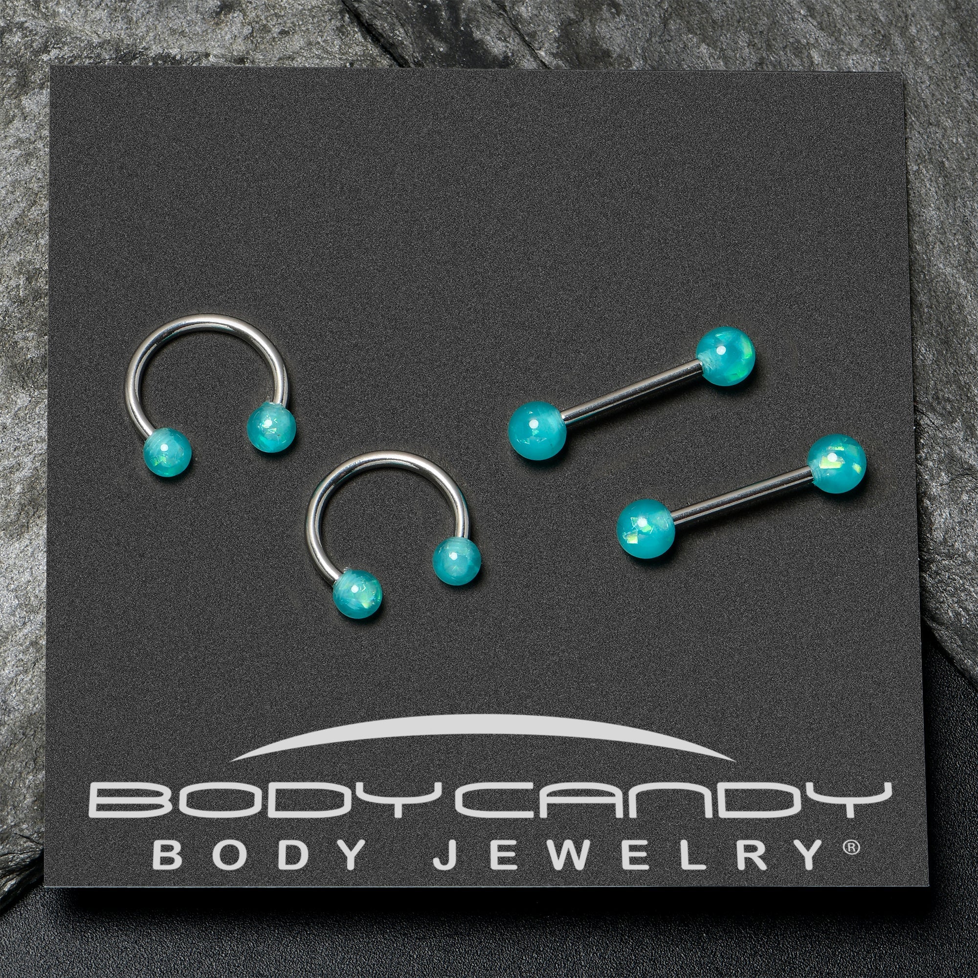 BodyCandy 14G 9/16 Green Faux Opal Horseshoe Barbell Nipple Ring Set of 4 — alternative angle