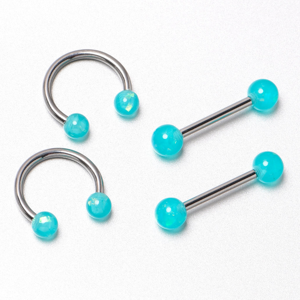BodyCandy 14G 9/16 Green Faux Opal Horseshoe Barbell Nipple Ring Set of 4 — in-use photo