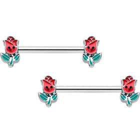 14G 9/16 Sweet Happy Rose Flower Barbell Nipple Ring Set