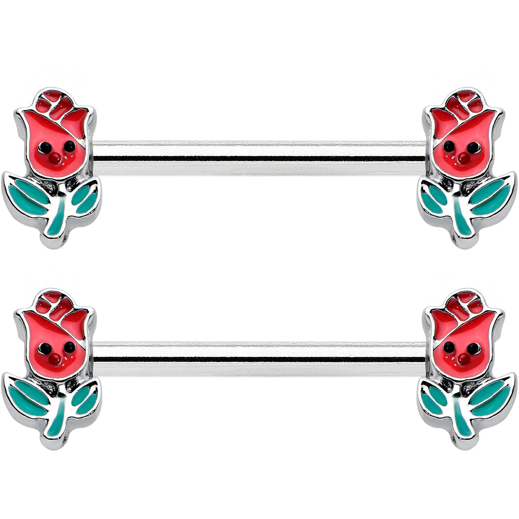 BodyCandy 14G 9/16 Sweet Happy Rose Flower Barbell Nipple Ring Set — detail close-up