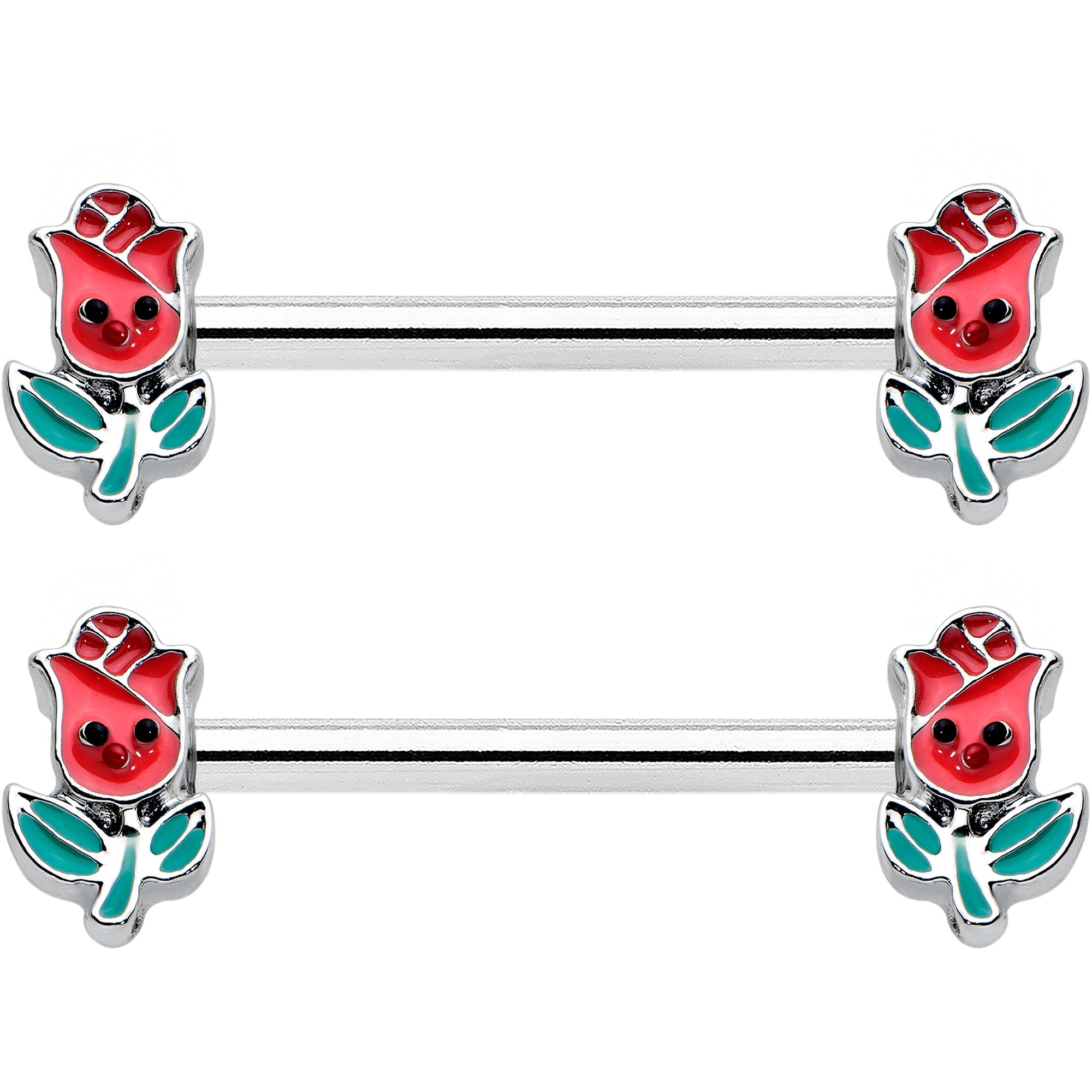 BodyCandy 14G 9/16 Sweet Happy Rose Flower Barbell Nipple Ring Set — detail close-up