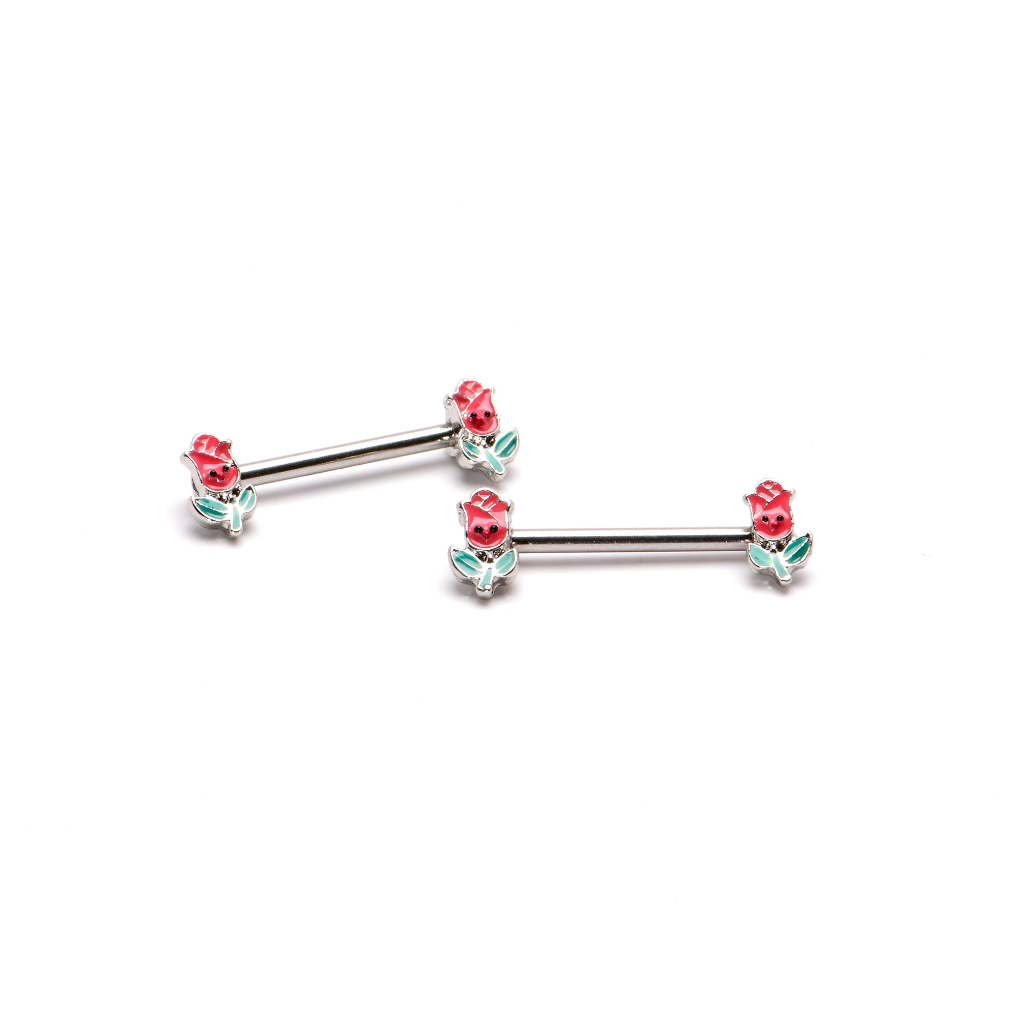 BodyCandy 14G 9/16 Sweet Happy Rose Flower Barbell Nipple Ring Set — side view