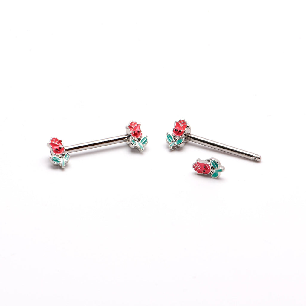 BodyCandy 14G 9/16 Sweet Happy Rose Flower Barbell Nipple Ring Set — back view