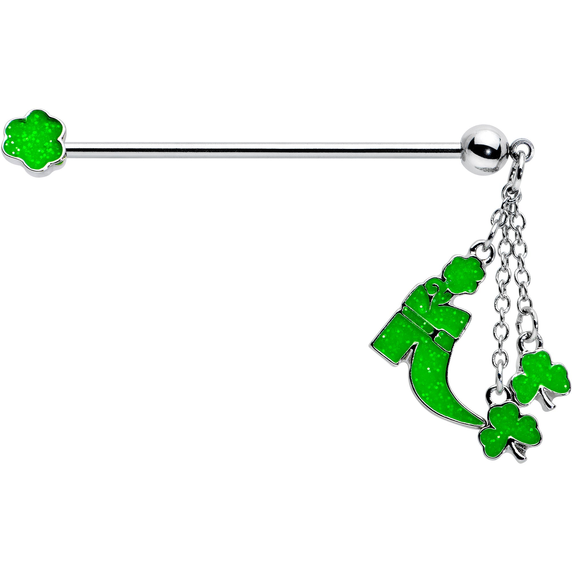 BodyCandy 14G Glow in Dark Leprechaun Boot Dangle Industrial Barbell 38mm — detail close-up