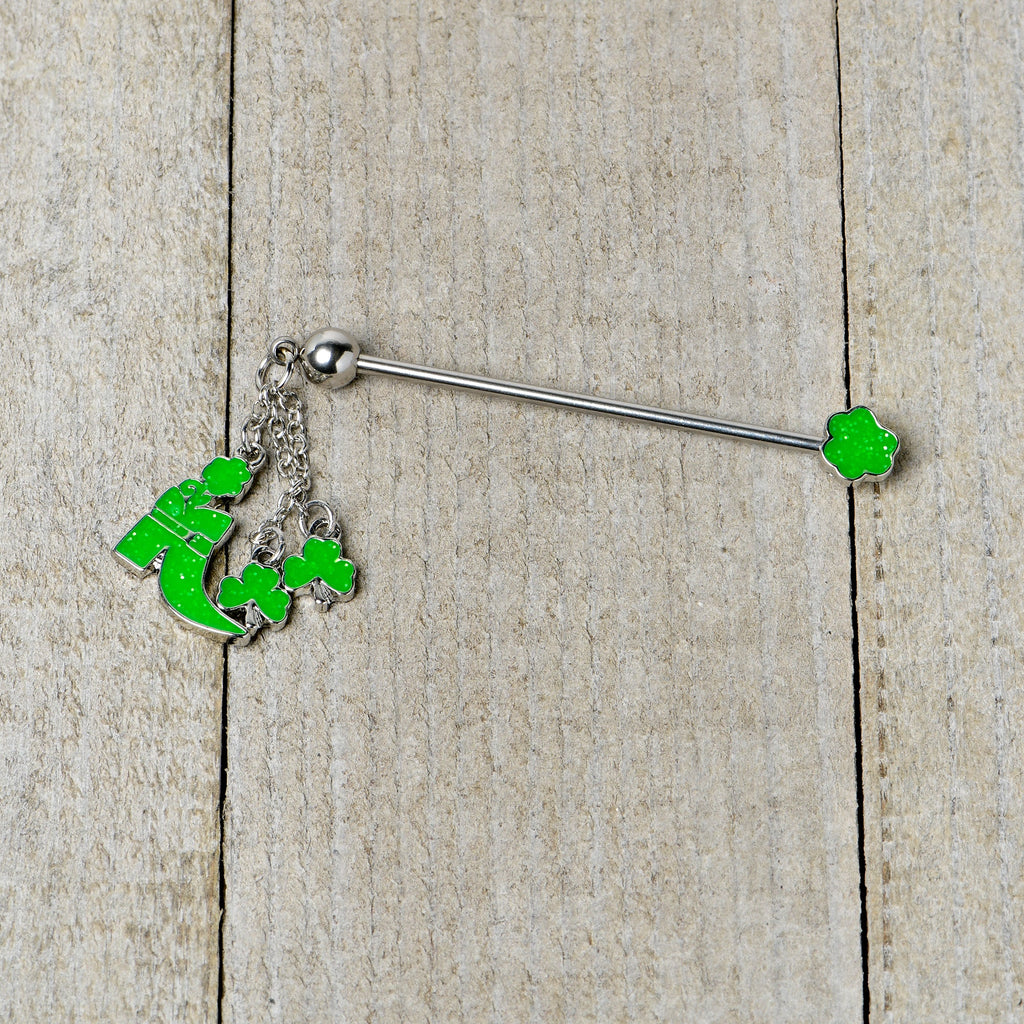 BodyCandy 14G Glow in Dark Leprechaun Boot Dangle Industrial Barbell 38mm — side view