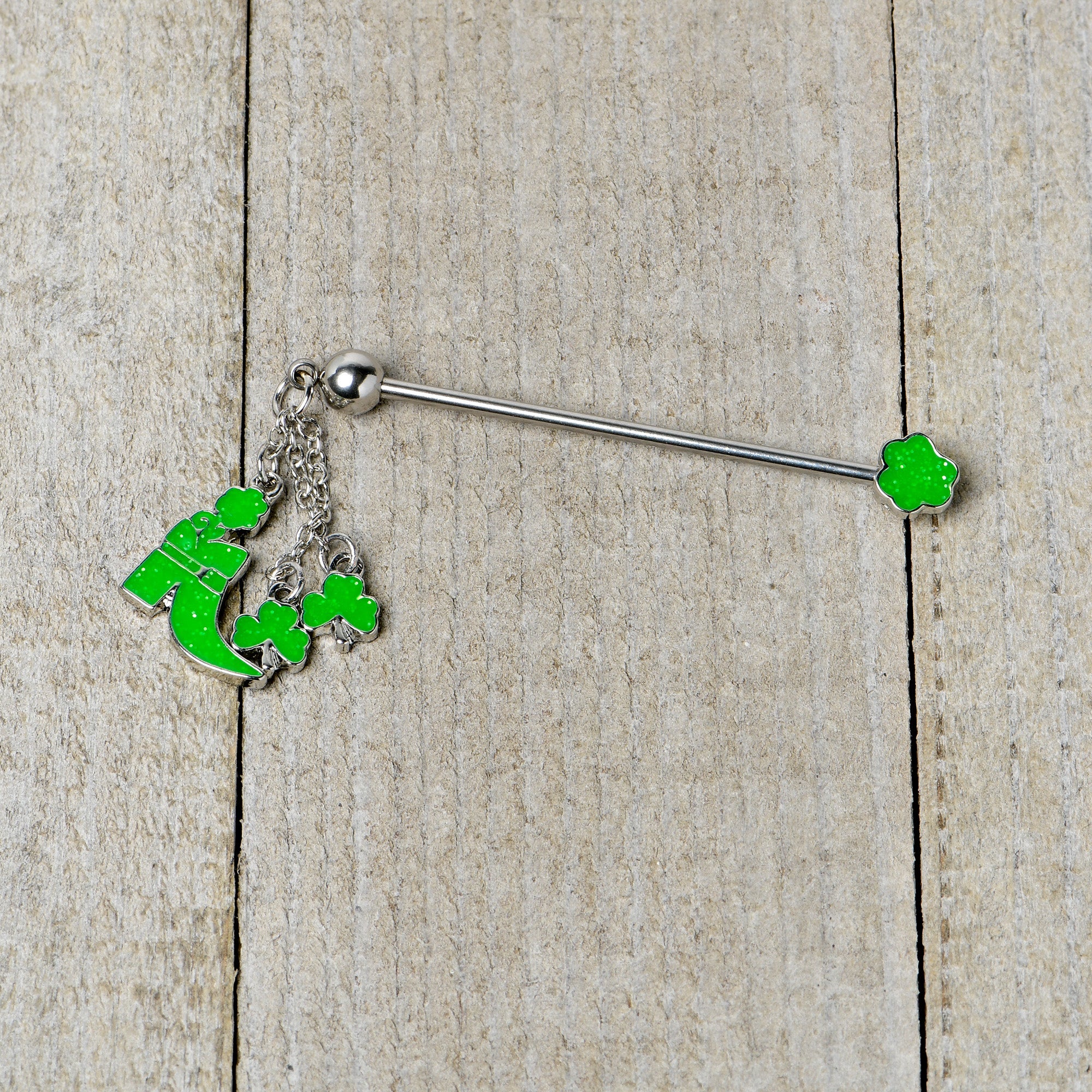 BodyCandy 14G Glow in Dark Leprechaun Boot Dangle Industrial Barbell 38mm — side view