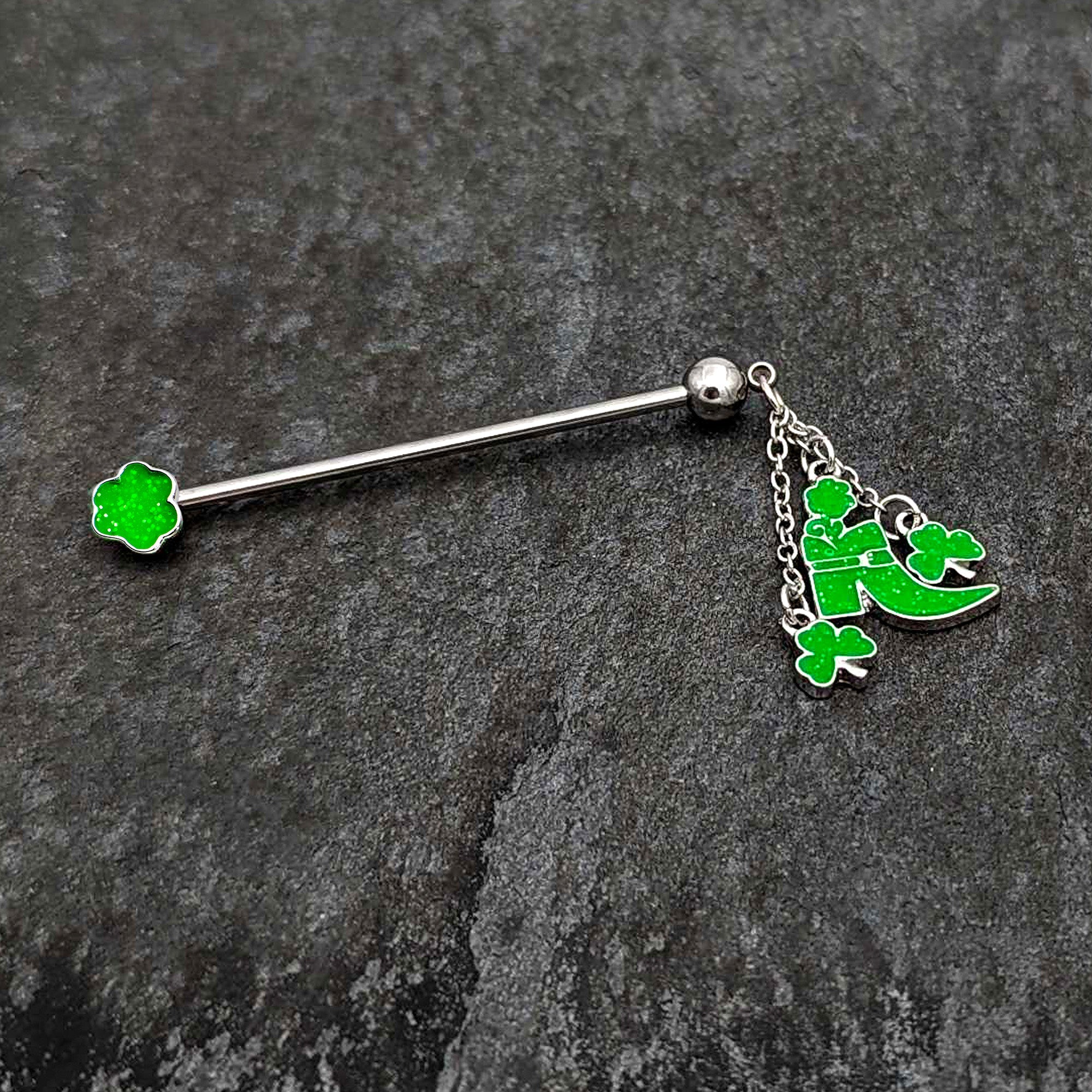 BodyCandy 14G Glow in Dark Leprechaun Boot Dangle Industrial Barbell 38mm — alternative angle