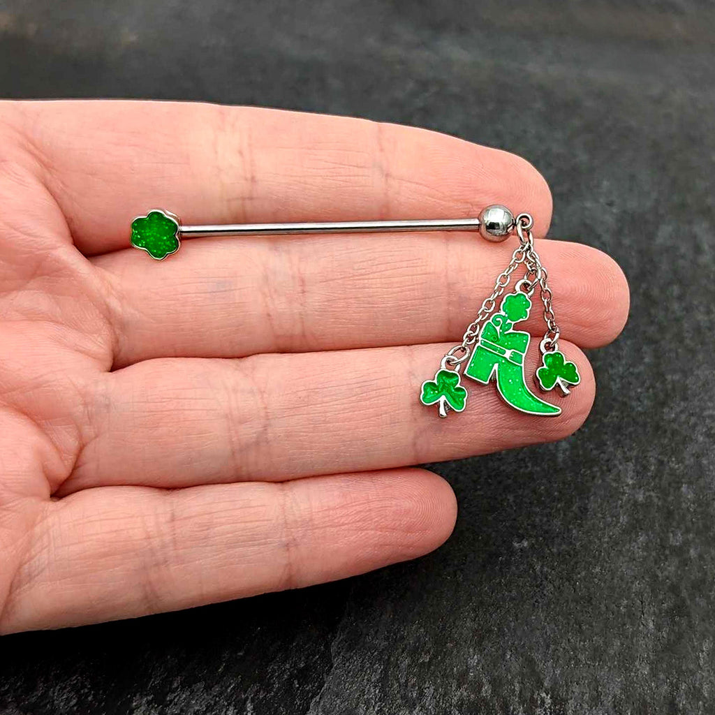 BodyCandy 14G Glow in Dark Leprechaun Boot Dangle Industrial Barbell 38mm — in-use photo
