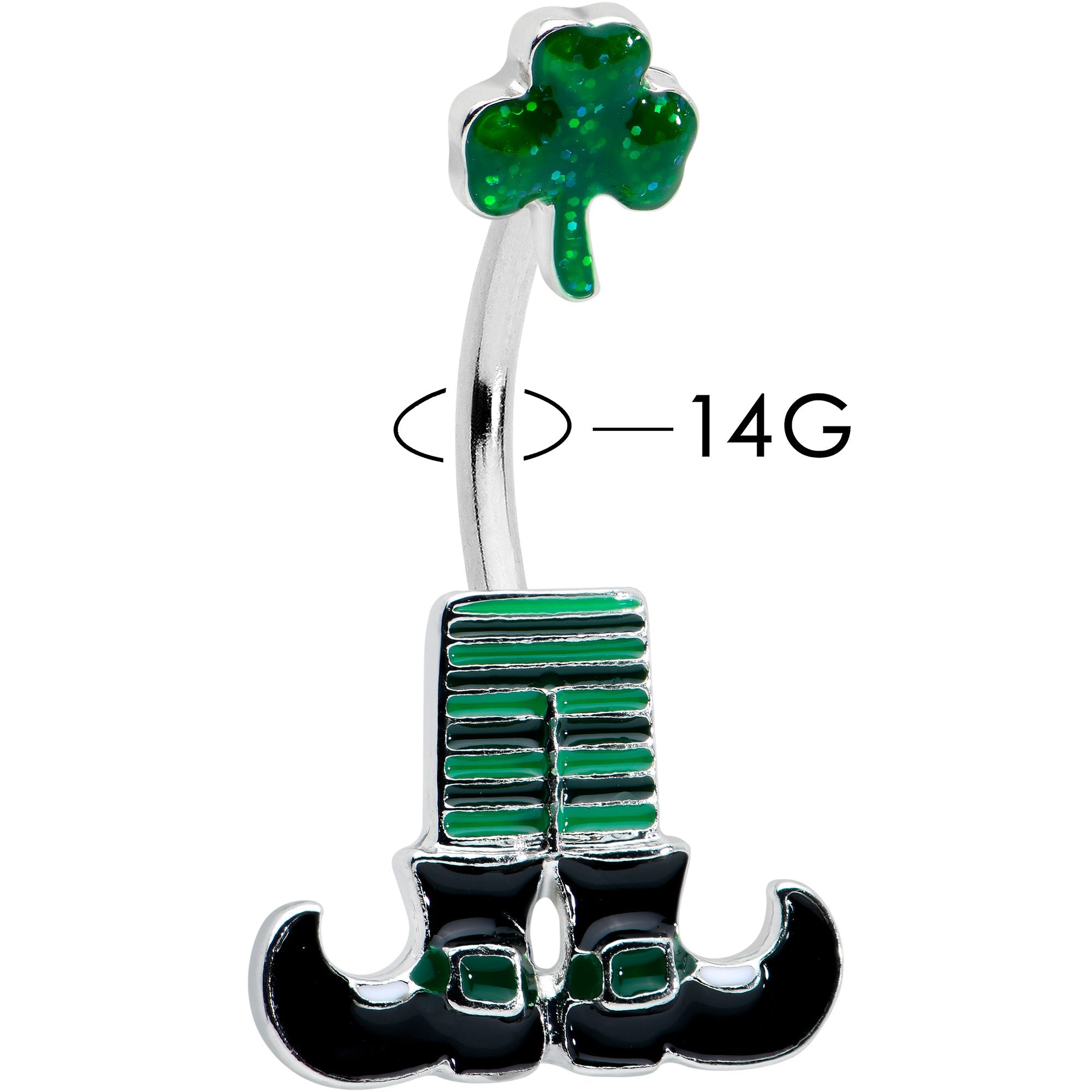 BodyCandy Leprechaun Legs Shamrock St Patricks Double Mount Belly Ring — detail close-up