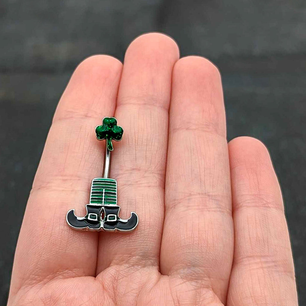 BodyCandy Leprechaun Legs Shamrock St Patricks Double Mount Belly Ring — in-use photo