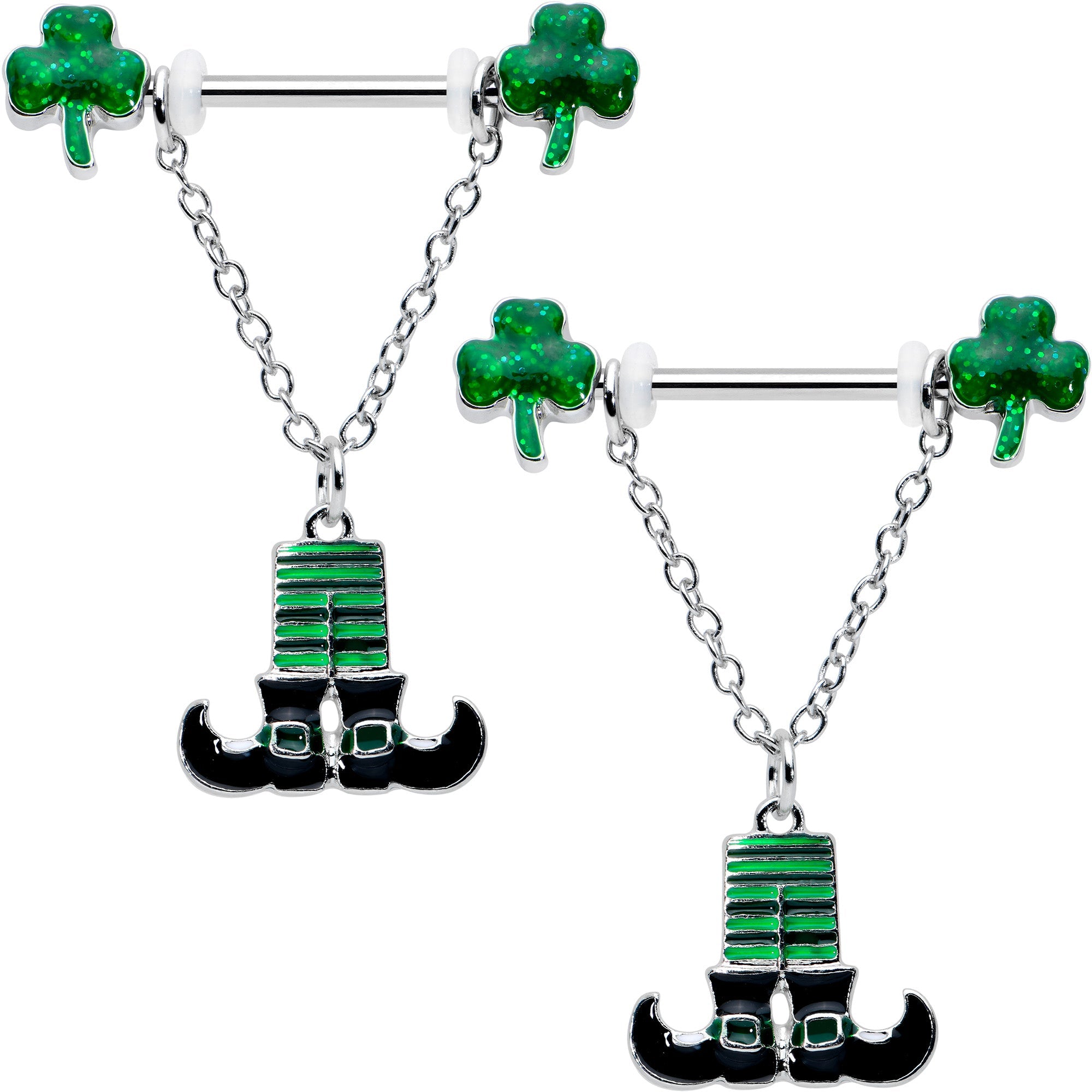BodyCandy 14G 11/16 Leprechaun Legs Shamrock Chain Dangle Nipple Ring Set — main product shot