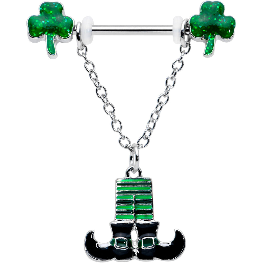 BodyCandy 14G 11/16 Leprechaun Legs Shamrock Chain Dangle Nipple Ring Set — detail close-up
