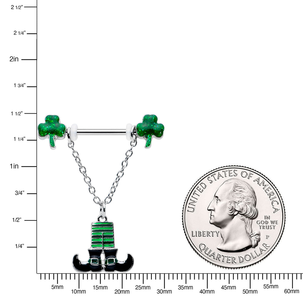 BodyCandy 14G 11/16 Leprechaun Legs Shamrock Chain Dangle Nipple Ring Set — lifestyle context