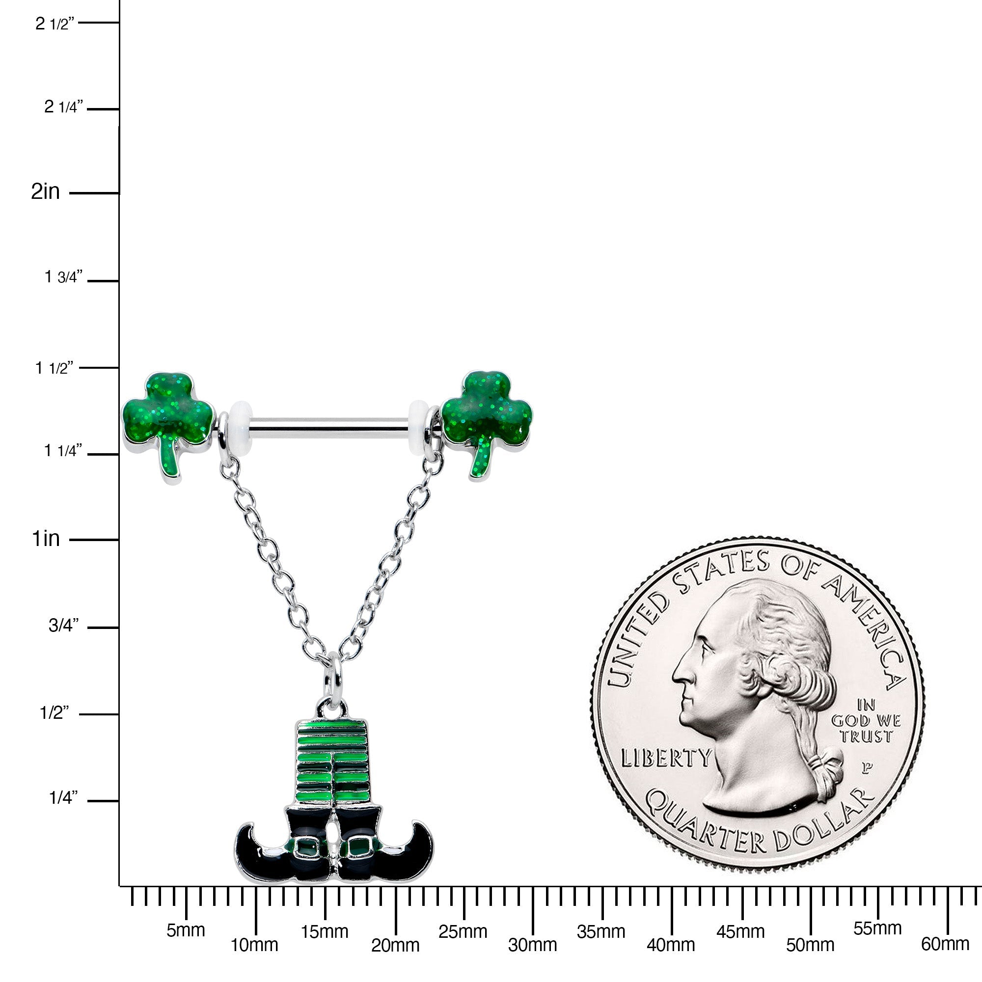 BodyCandy 14G 11/16 Leprechaun Legs Shamrock Chain Dangle Nipple Ring Set — lifestyle context
