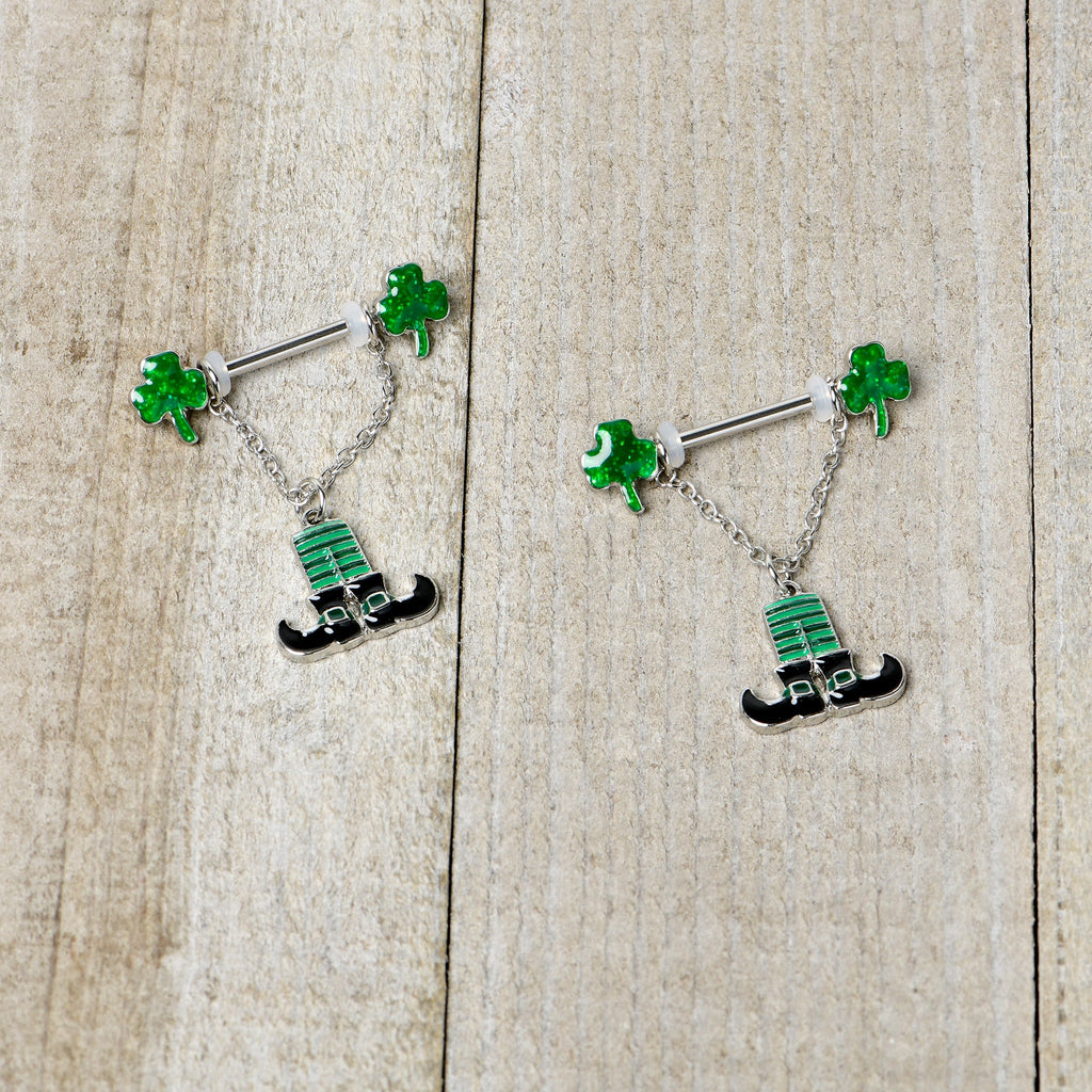 BodyCandy 14G 11/16 Leprechaun Legs Shamrock Chain Dangle Nipple Ring Set — side view