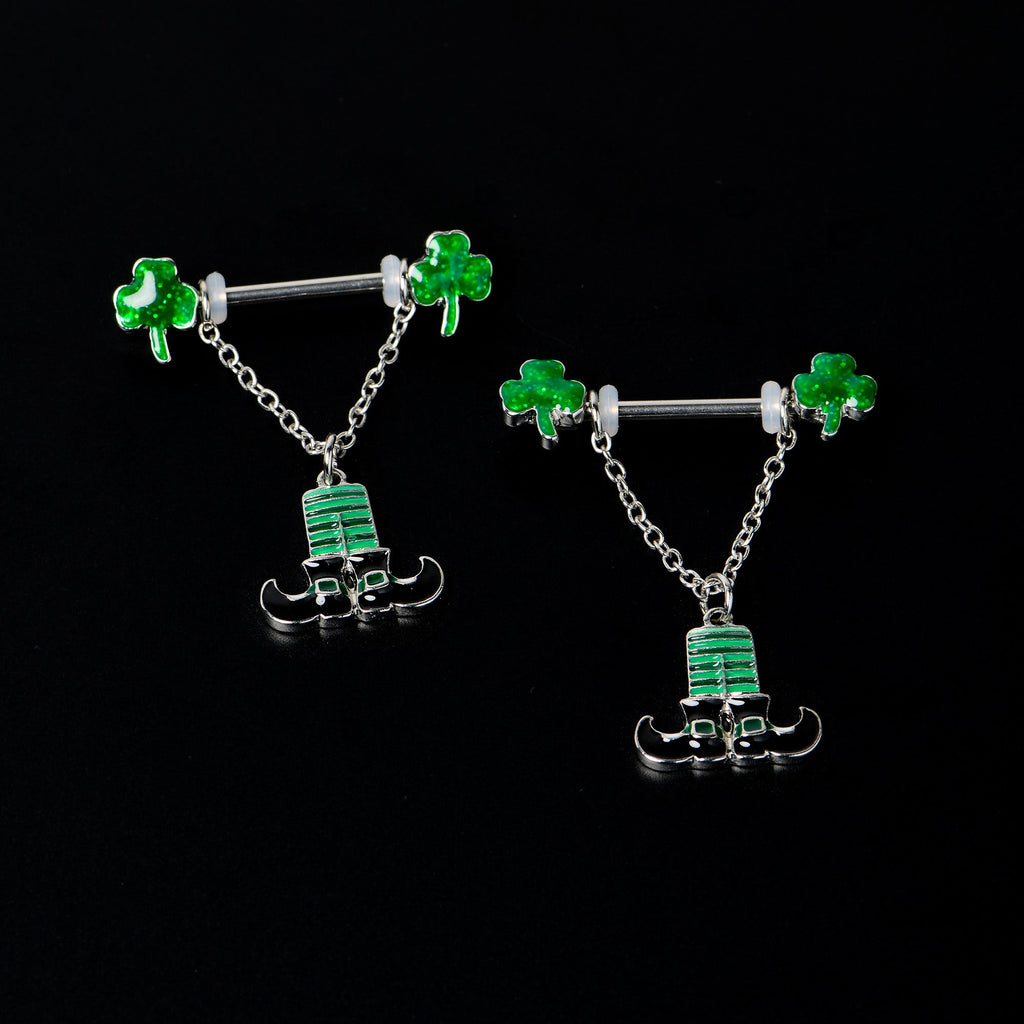 BodyCandy 14G 11/16 Leprechaun Legs Shamrock Chain Dangle Nipple Ring Set — back view