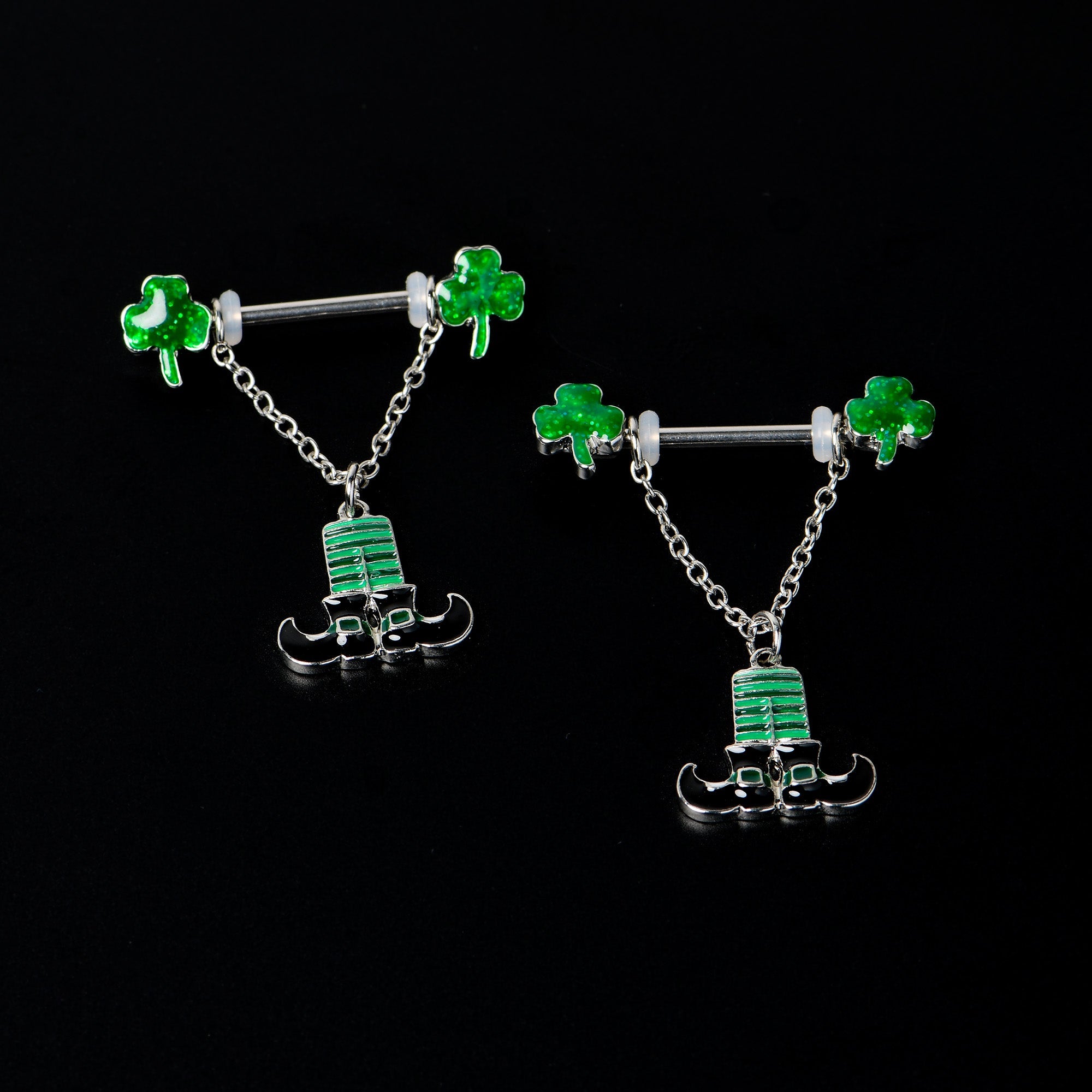 BodyCandy 14G 11/16 Leprechaun Legs Shamrock Chain Dangle Nipple Ring Set — back view