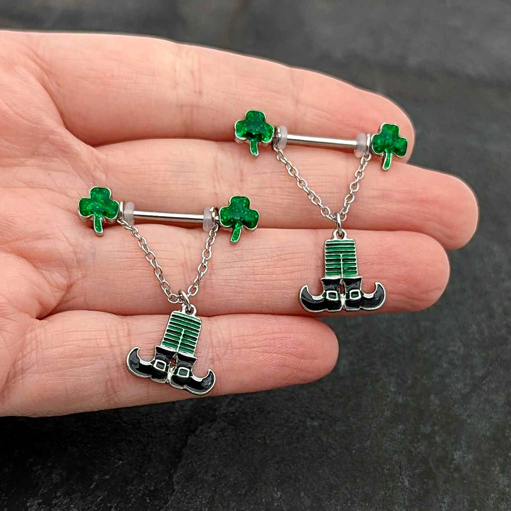 BodyCandy 14G 11/16 Leprechaun Legs Shamrock Chain Dangle Nipple Ring Set — in-use photo