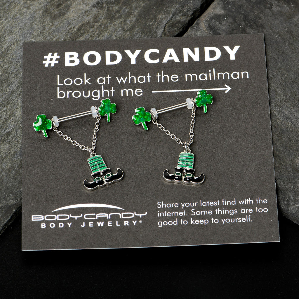 BodyCandy 14G 11/16 Leprechaun Legs Shamrock Chain Dangle Nipple Ring Set — size reference