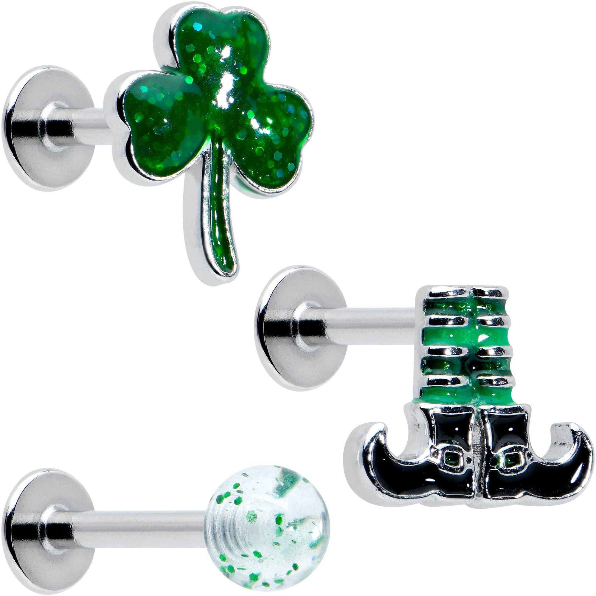 BodyCandy 16G 1/4 Leprechaun Legs Shamrock UV Glow Labret Set of 3 — main product shot